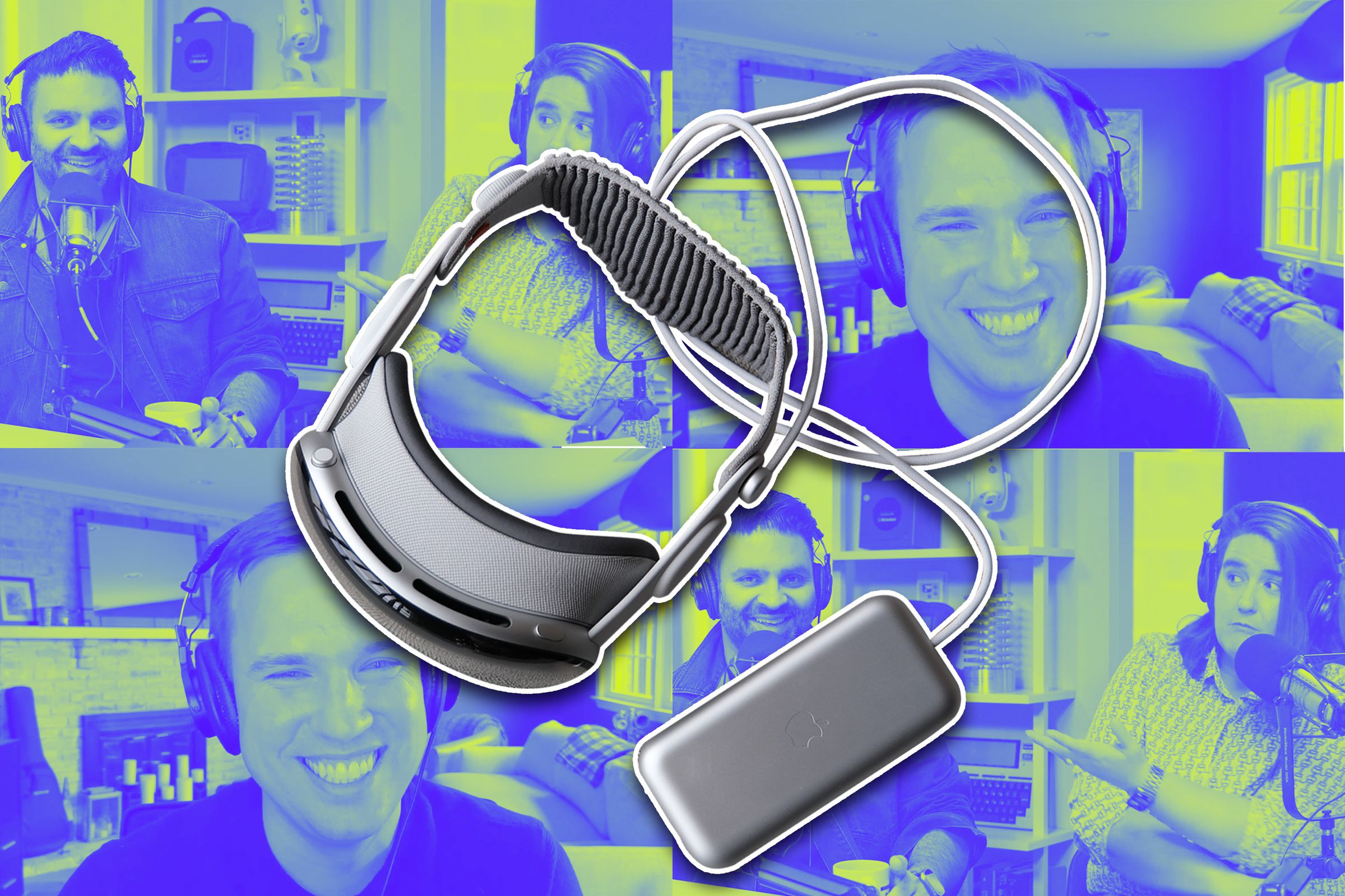 An illustration of The Vergecast team, with a Vision Pro over top.