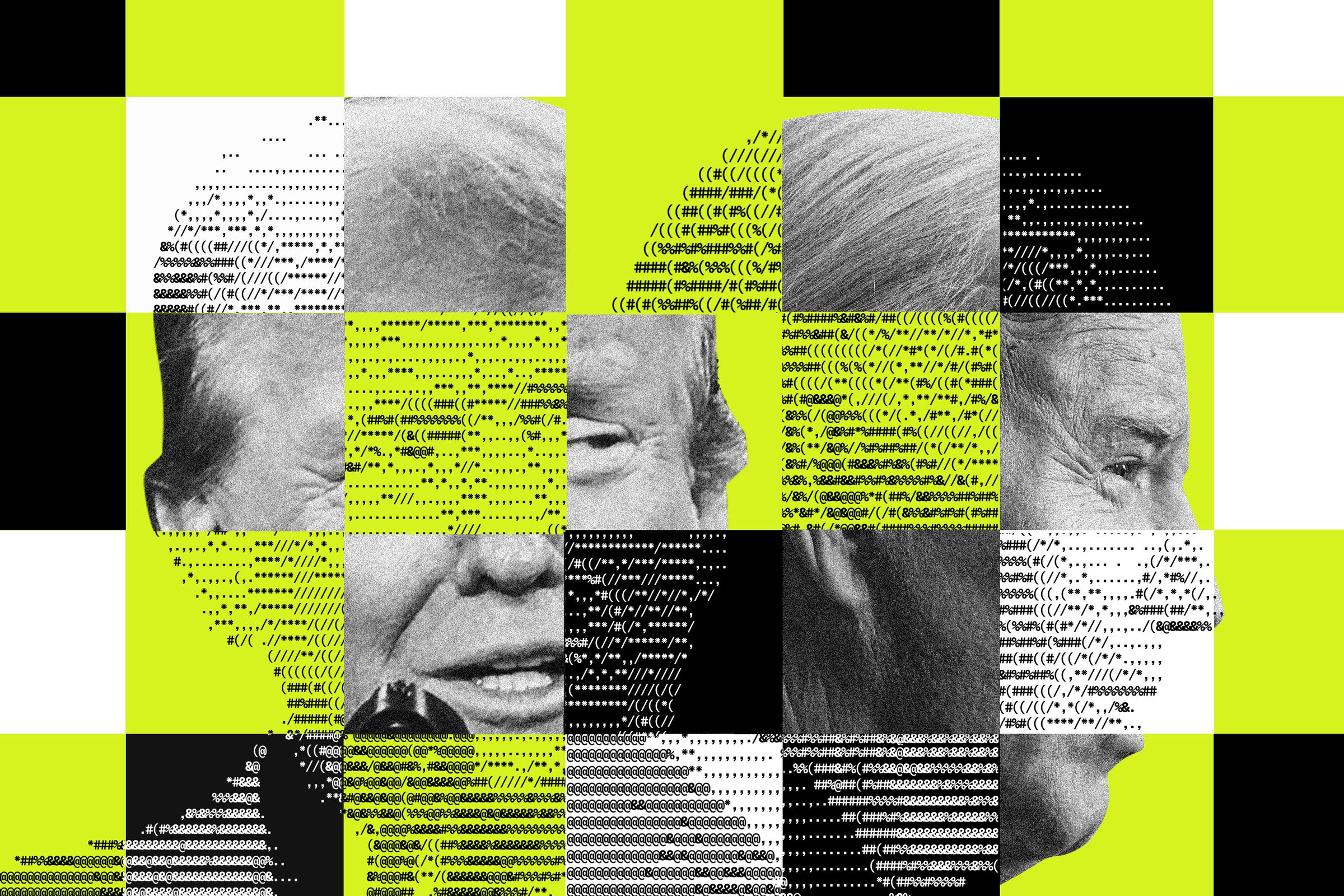 Black and yellow collage of Joe Biden and Donald Trump