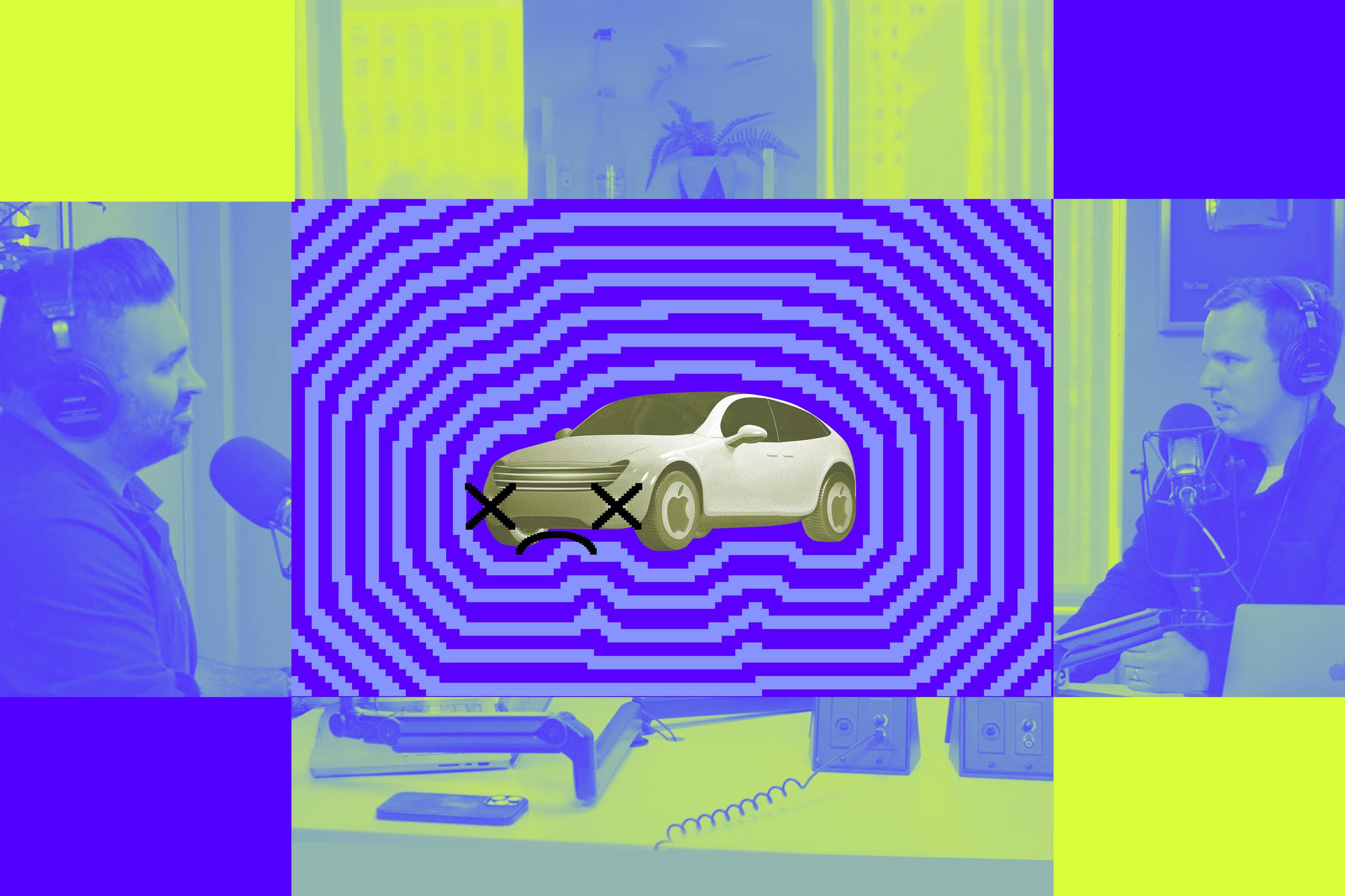 An illustration showing the Apple Car overtop of the Vergecast logo.