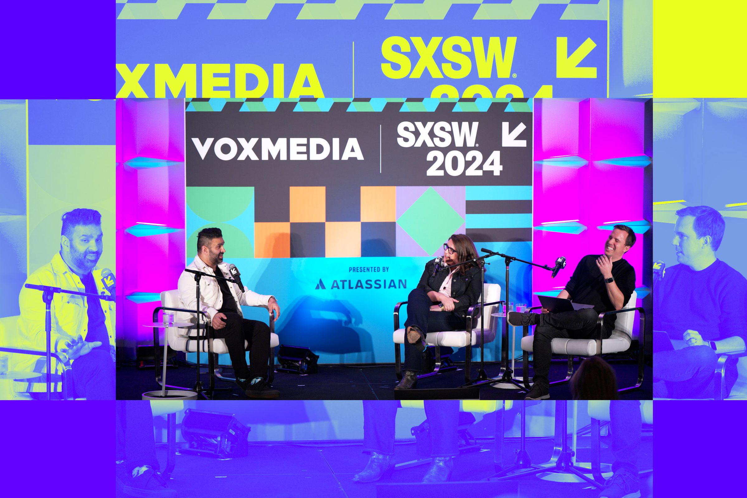An illustration of the Vergecast team onstage at SXSW.
