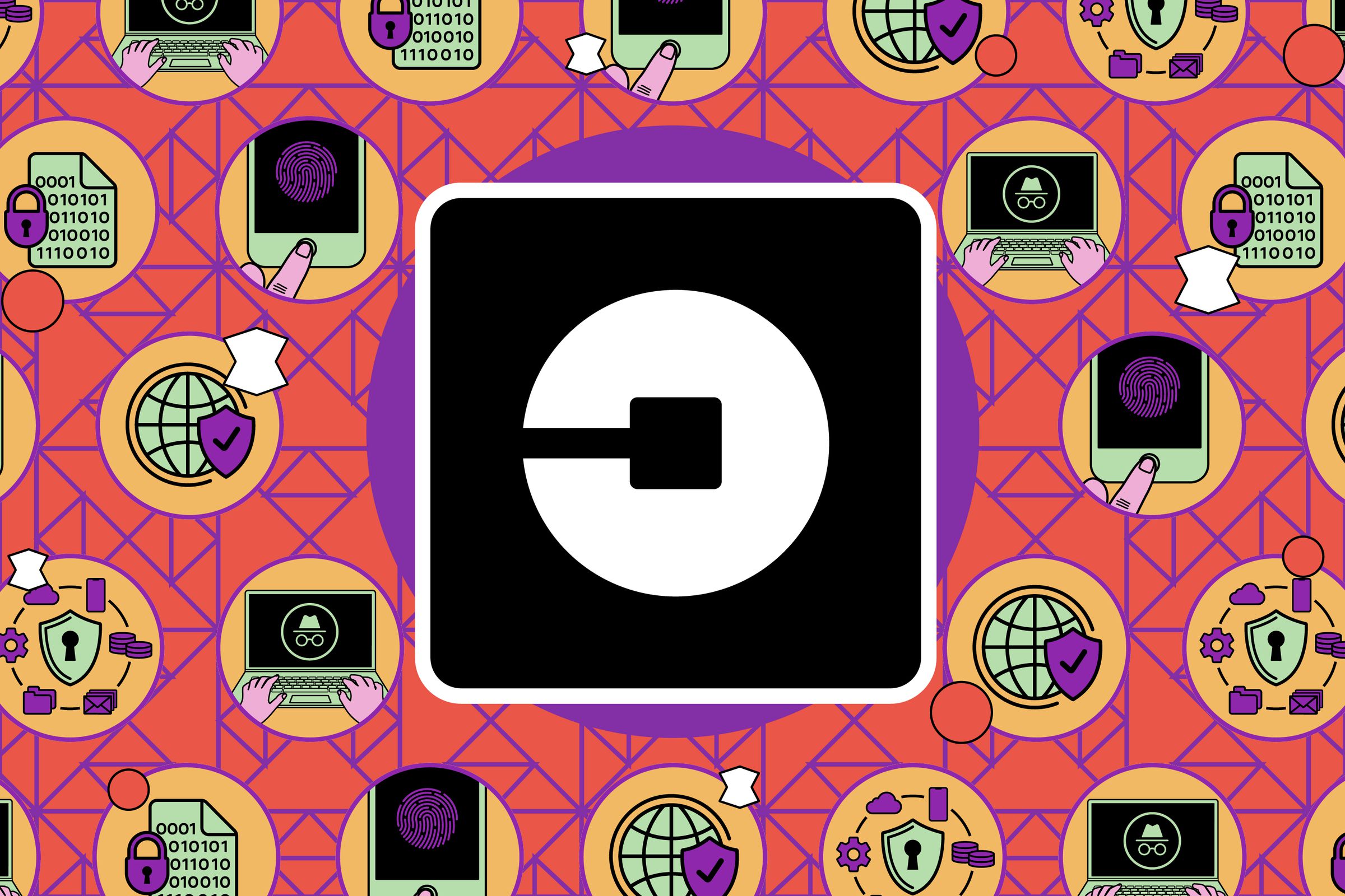 Vector illustration of the Uber app icon over a background of privacy imagery.
