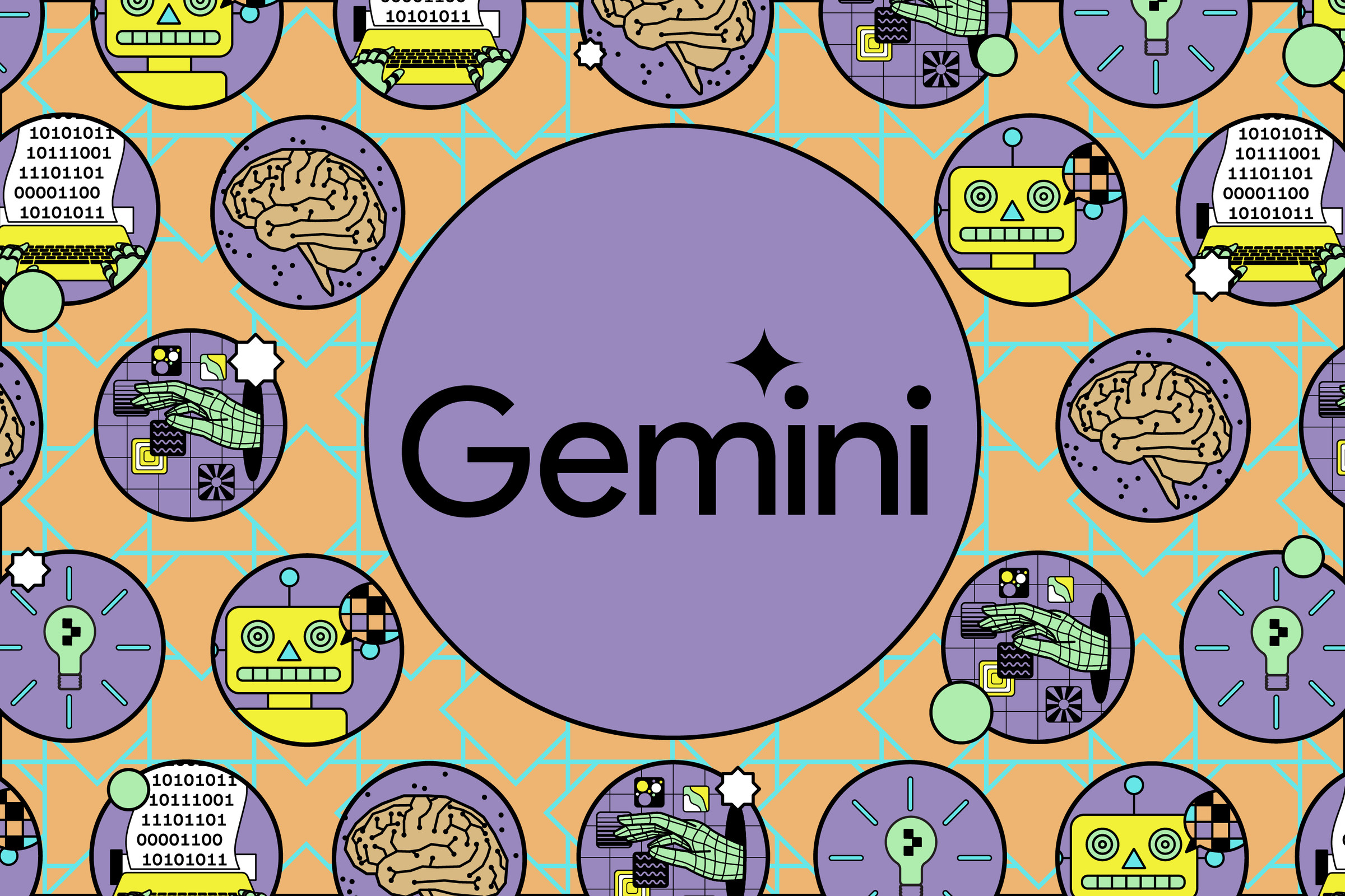 Vector illustration of the Google Gemini logo in front of various aspects of AI.