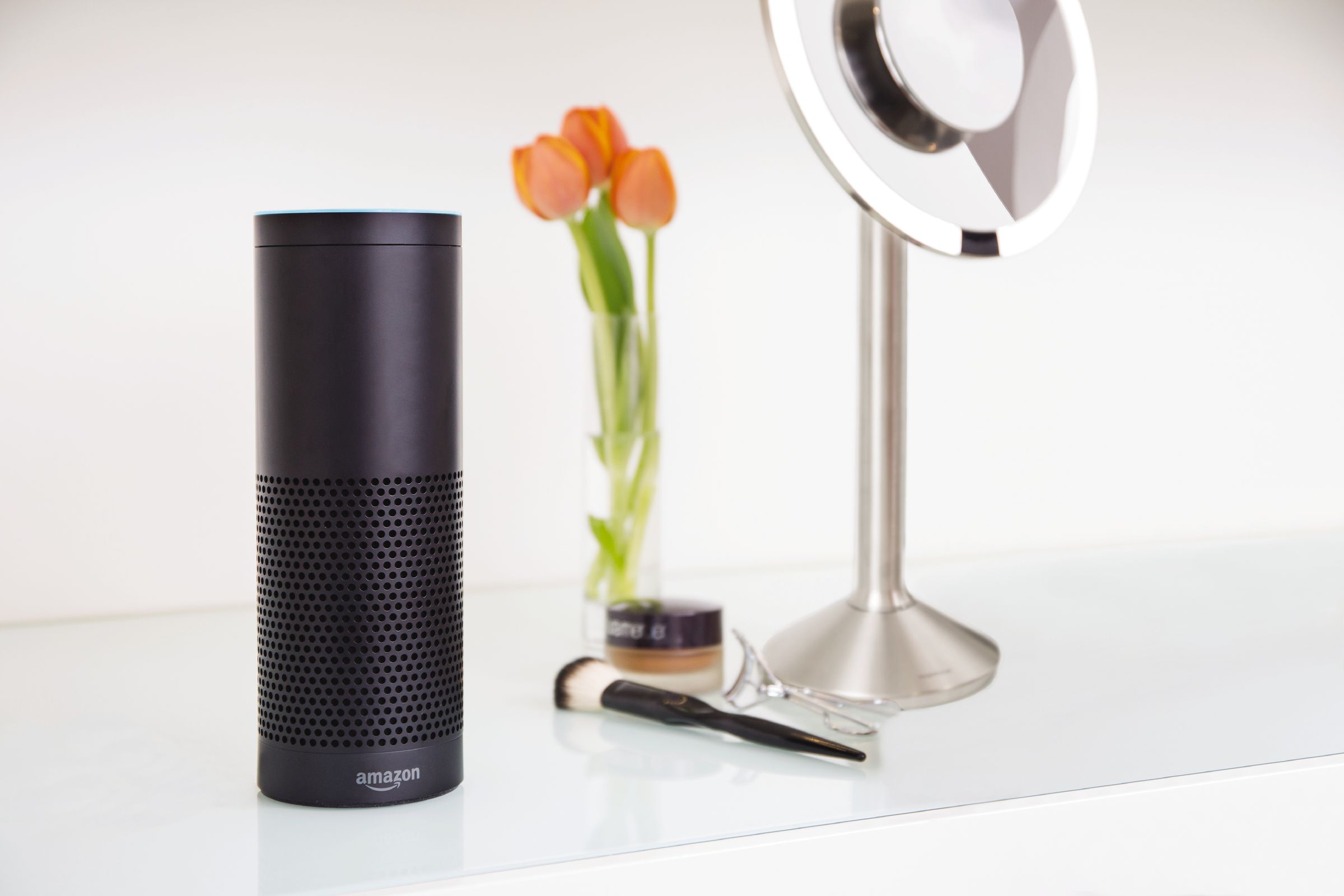 Amazon Echo next to Simplehuman Sensor Mirror Pro