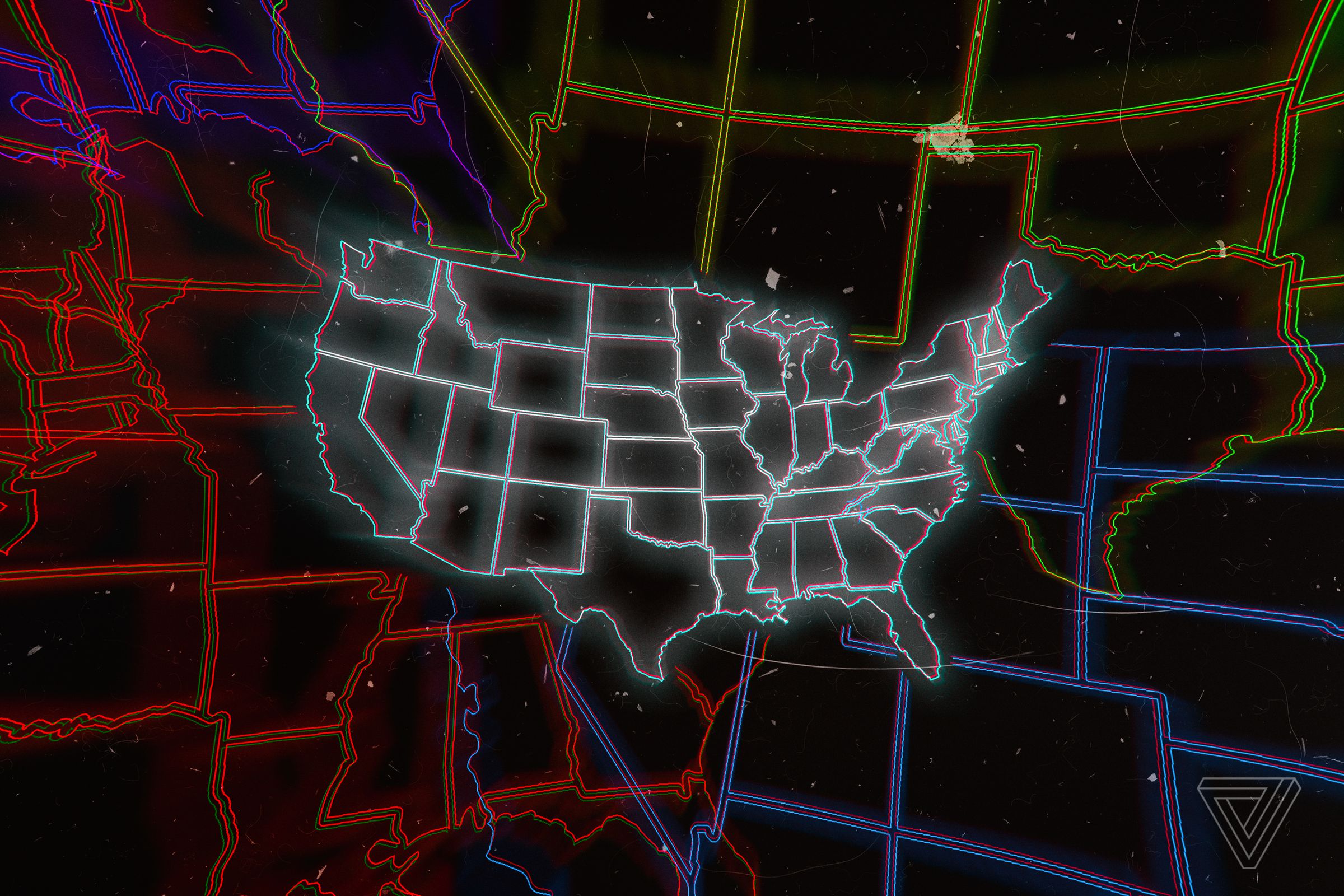 A graphic showing a map of the United States on a black background