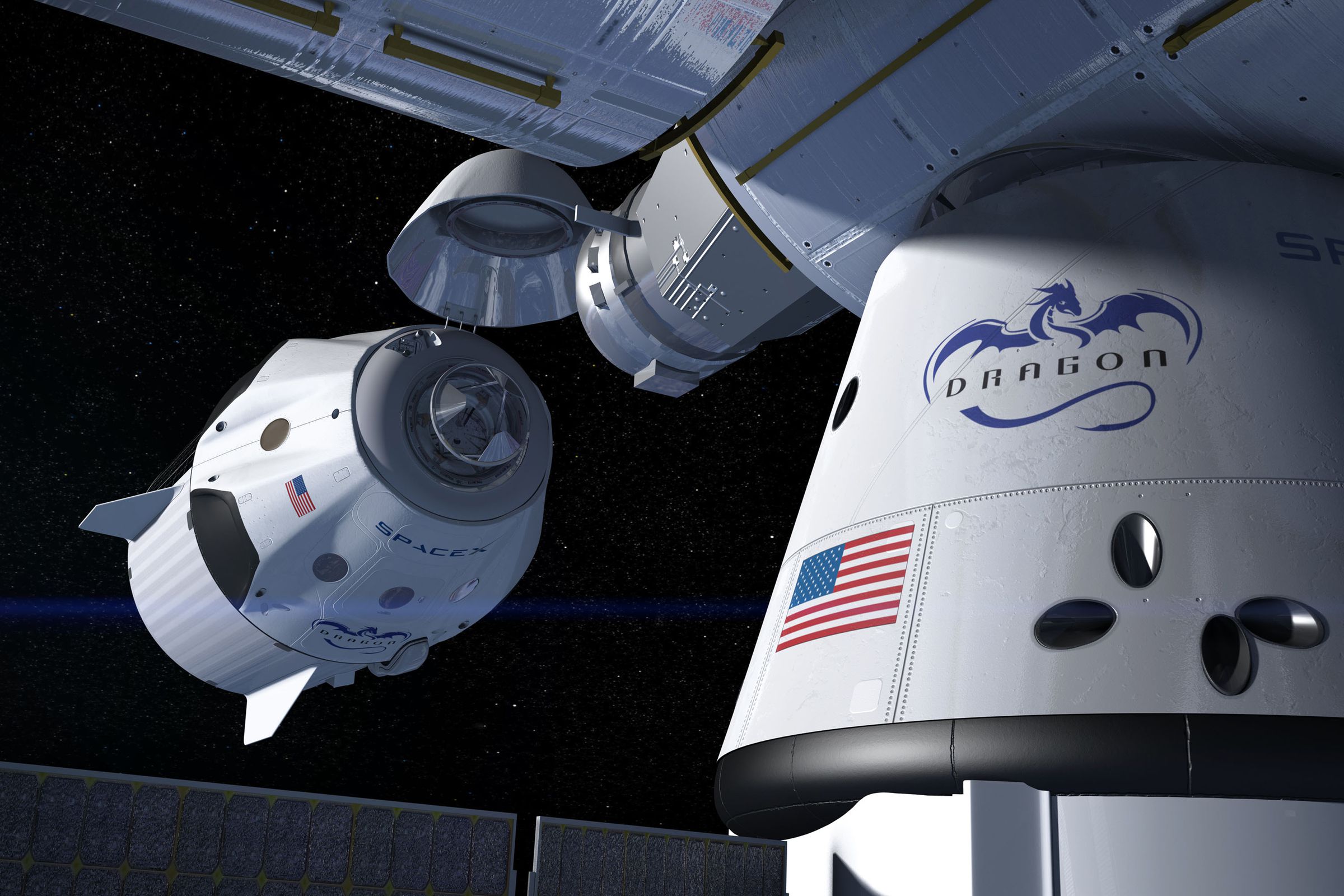 A rendering of SpaceX’s Crew Dragon docking with the International Space Station.