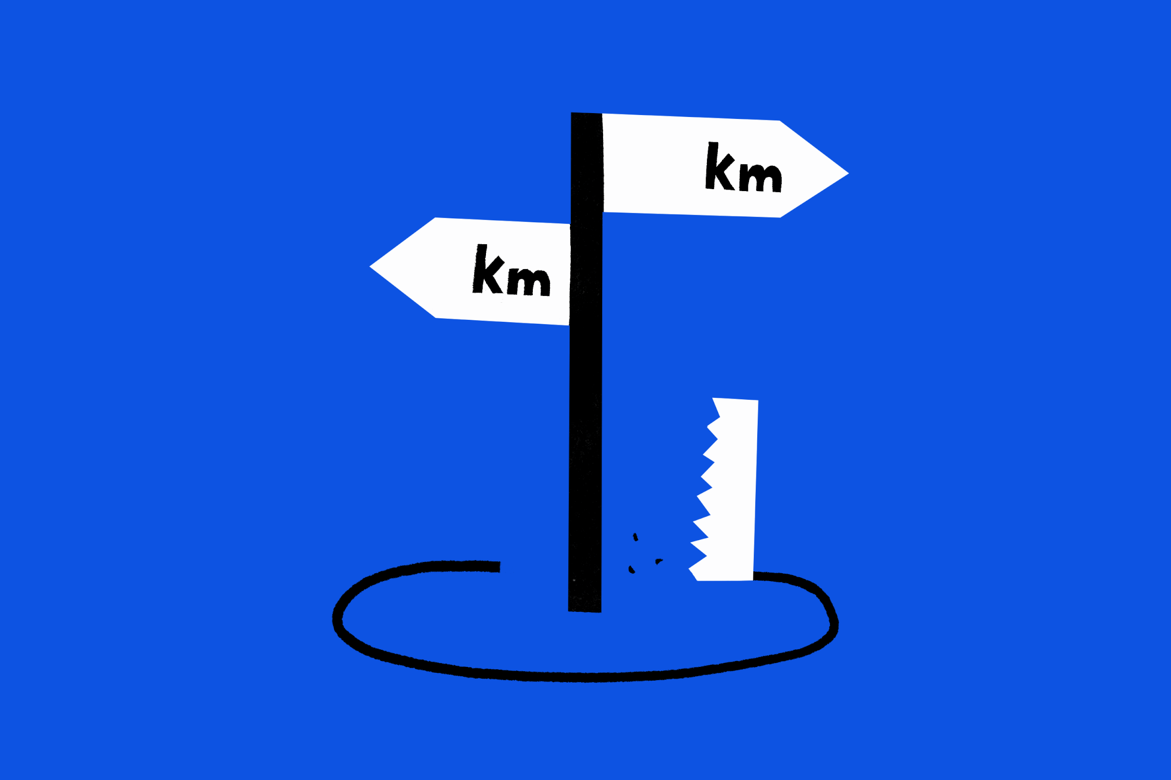 A cartoon animation showing a signpost with arms labeled with units in “kilometers.” A saw is slowly cutting a circle around the base of the signpost, Looney Toons style. 