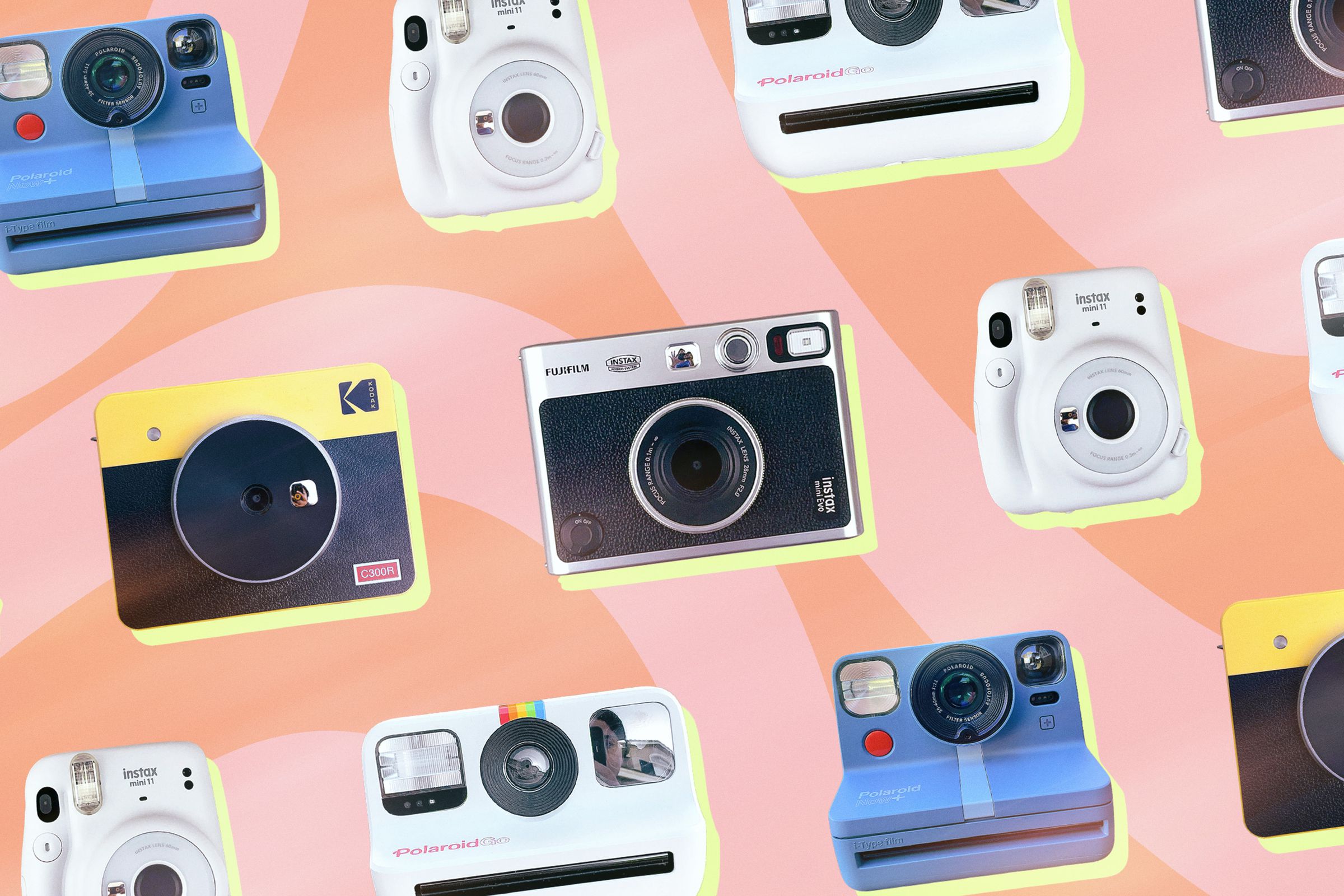 A variety of instant cameras against a pink background.