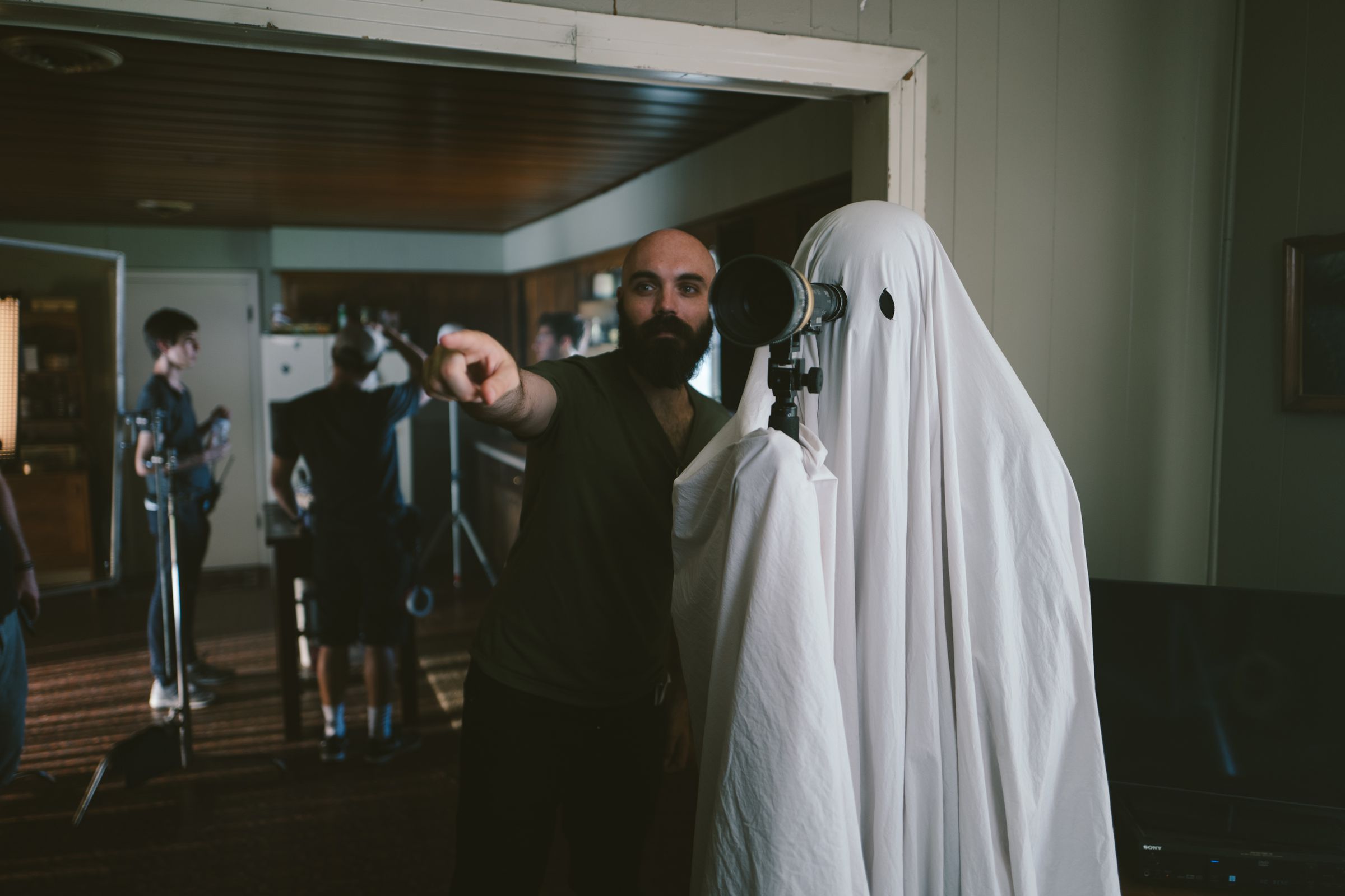 David Lowery, left, on the set of A Ghost Story