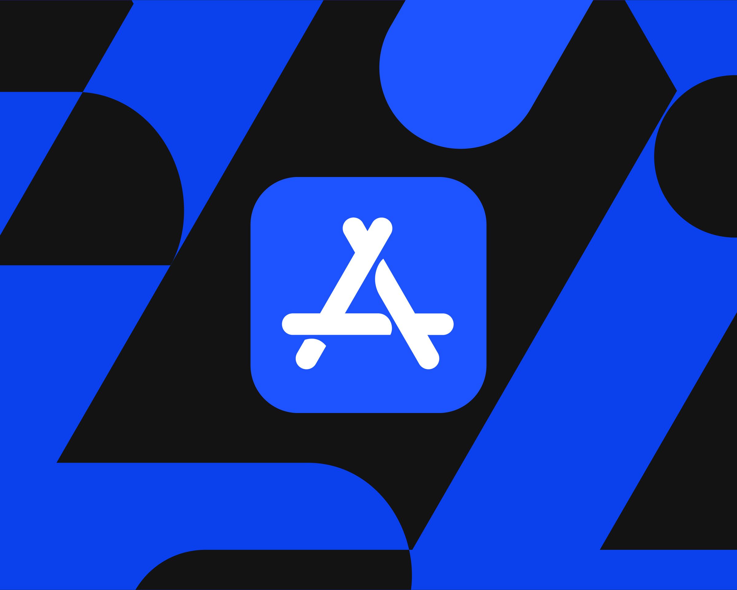 Illustration of the App Store logo on a dark black and blue background.