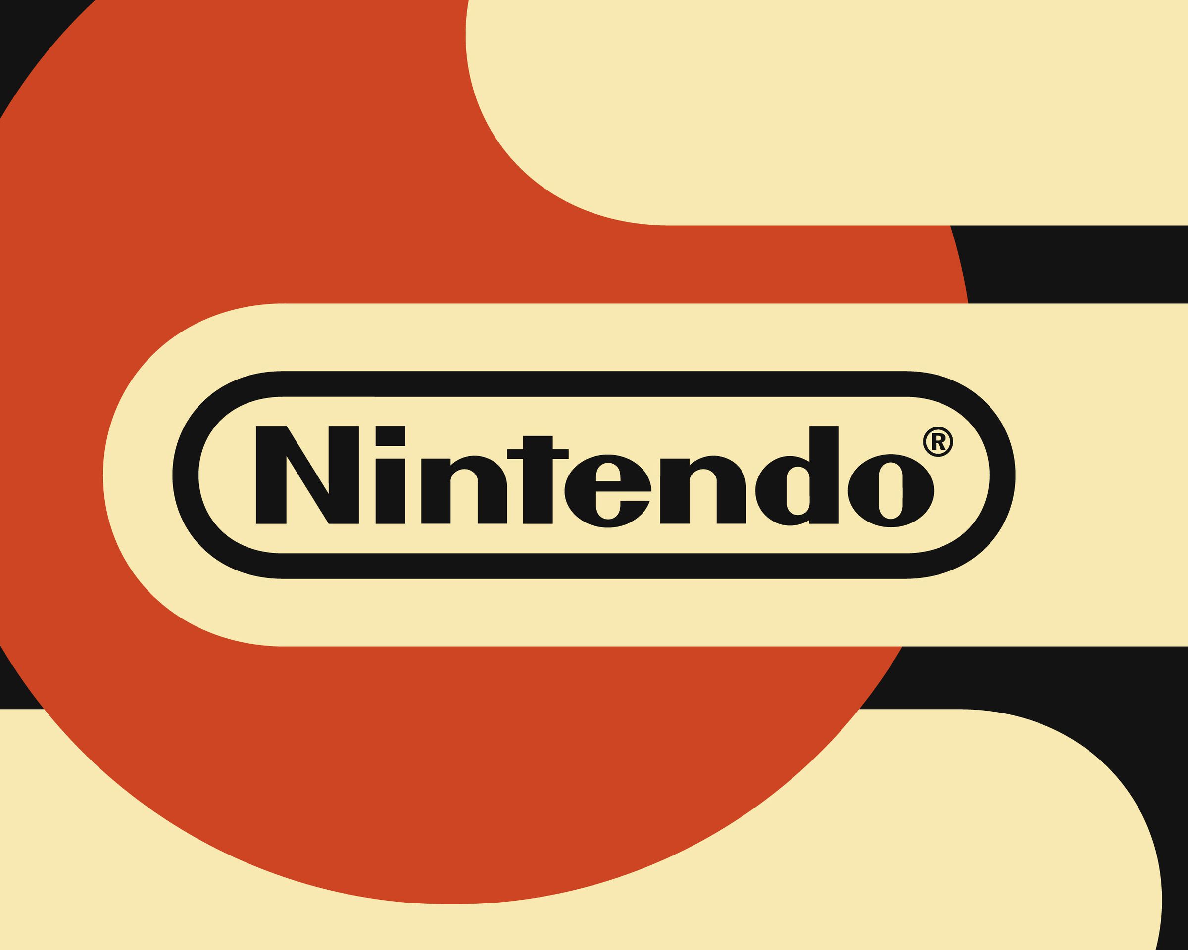 The Nintendo logo sits inside a black, red, and cream-colored design.