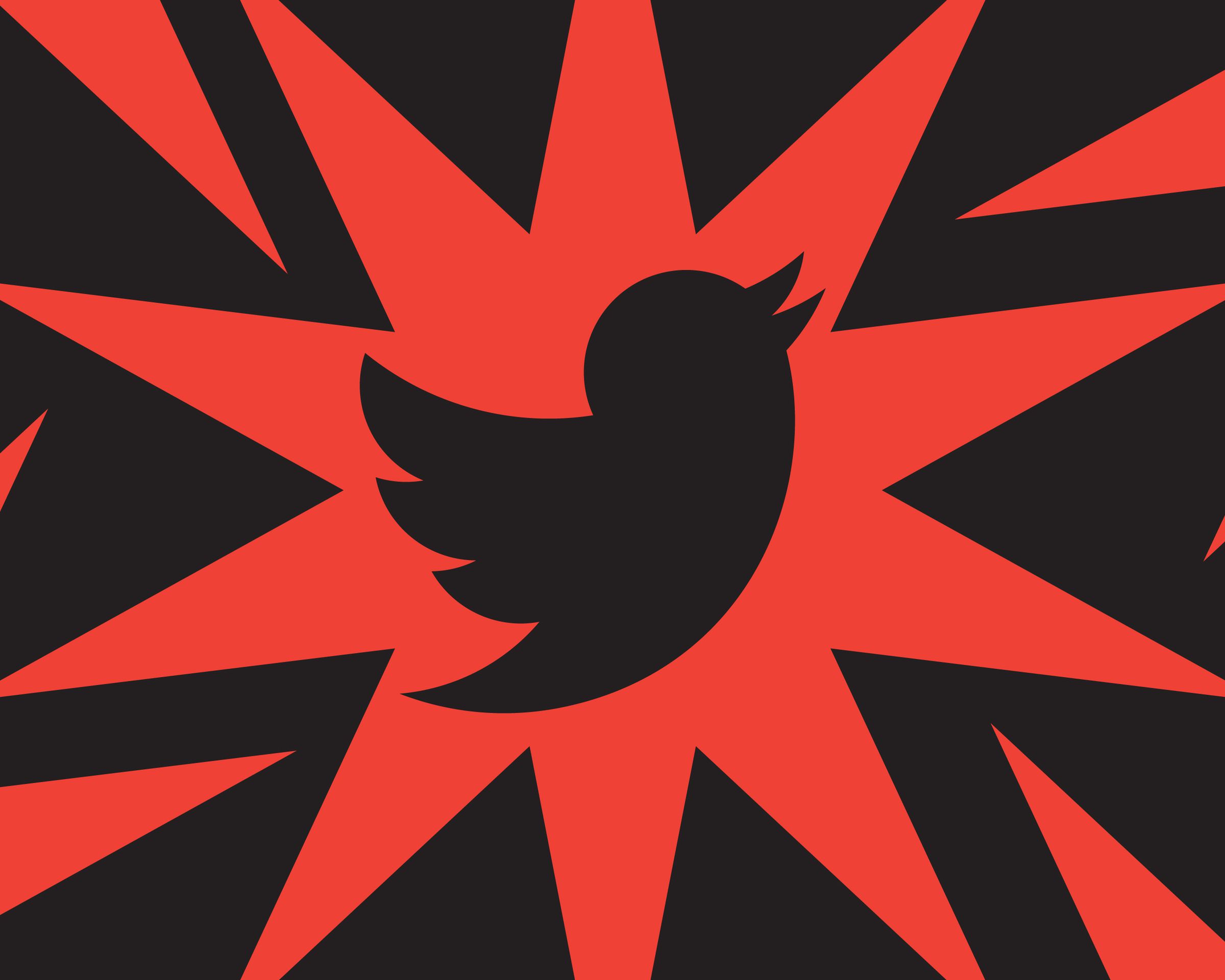 A black Twitter logo over a red illustration