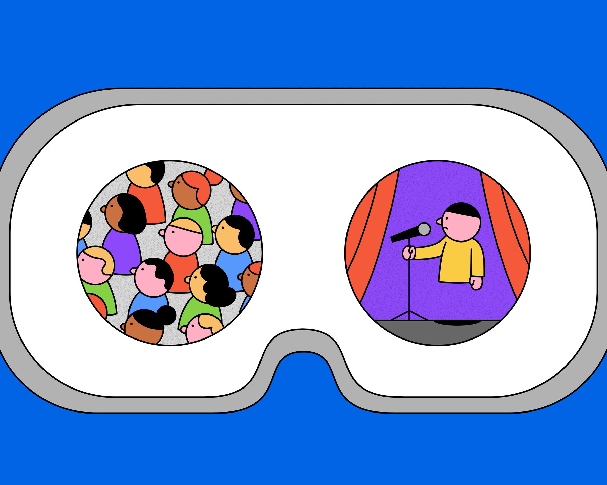 An illustration of somebody watching a comedy show in a VR headset.