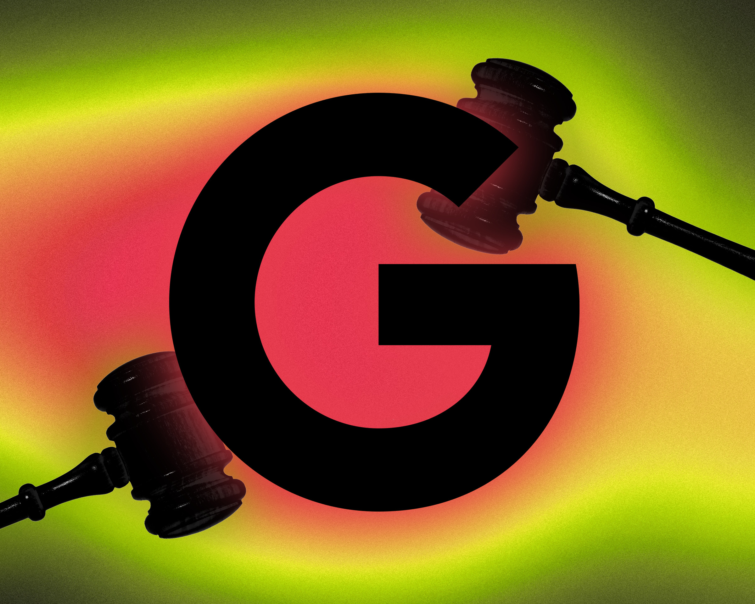 Photo illustration of the Google logo with gavels in the background