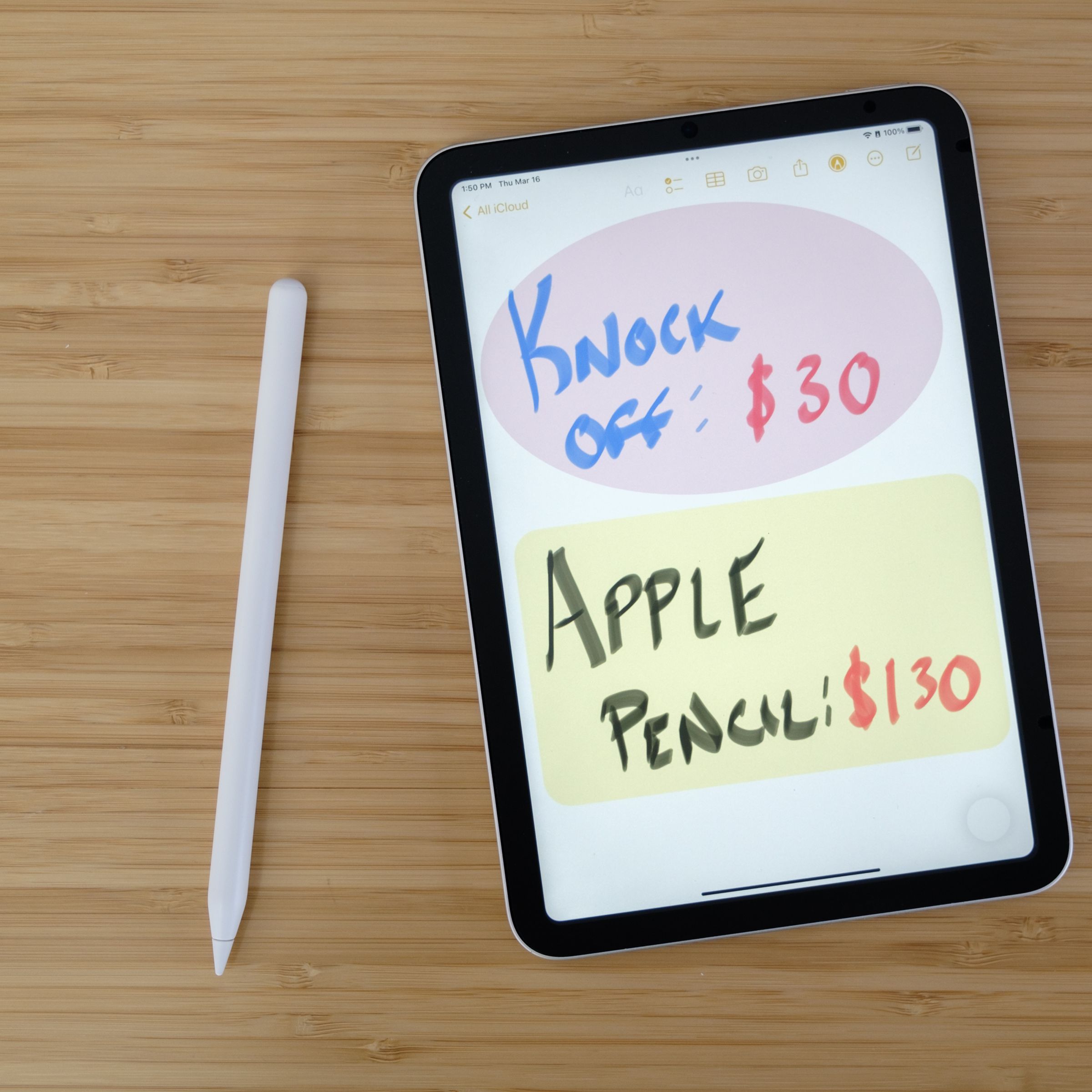 An Apple Pencil-like stylus next to an iPad Mini displaying artwork saying Knockoff: $30 Apple Pencil: $130