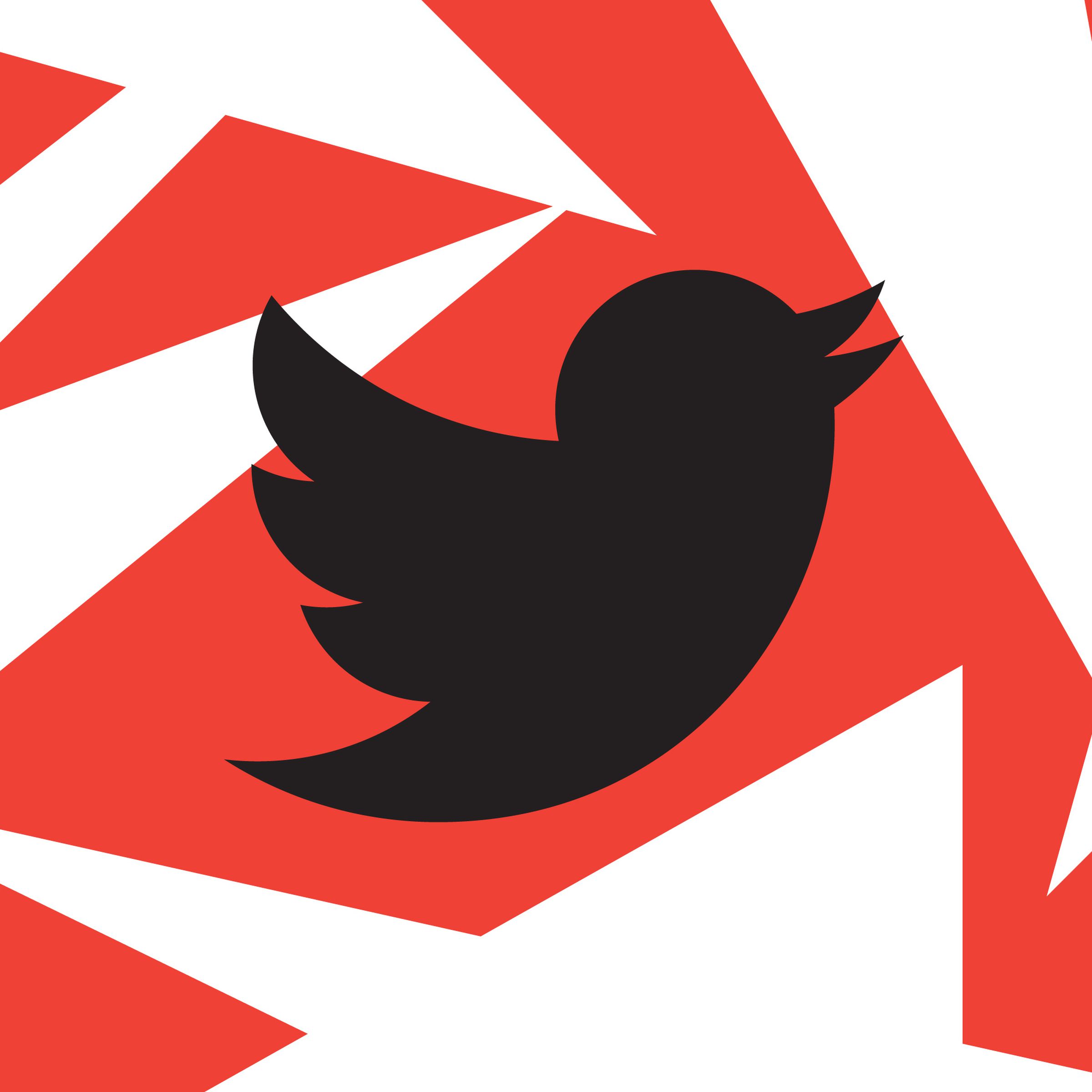 A black Twitter logo over a red and white background