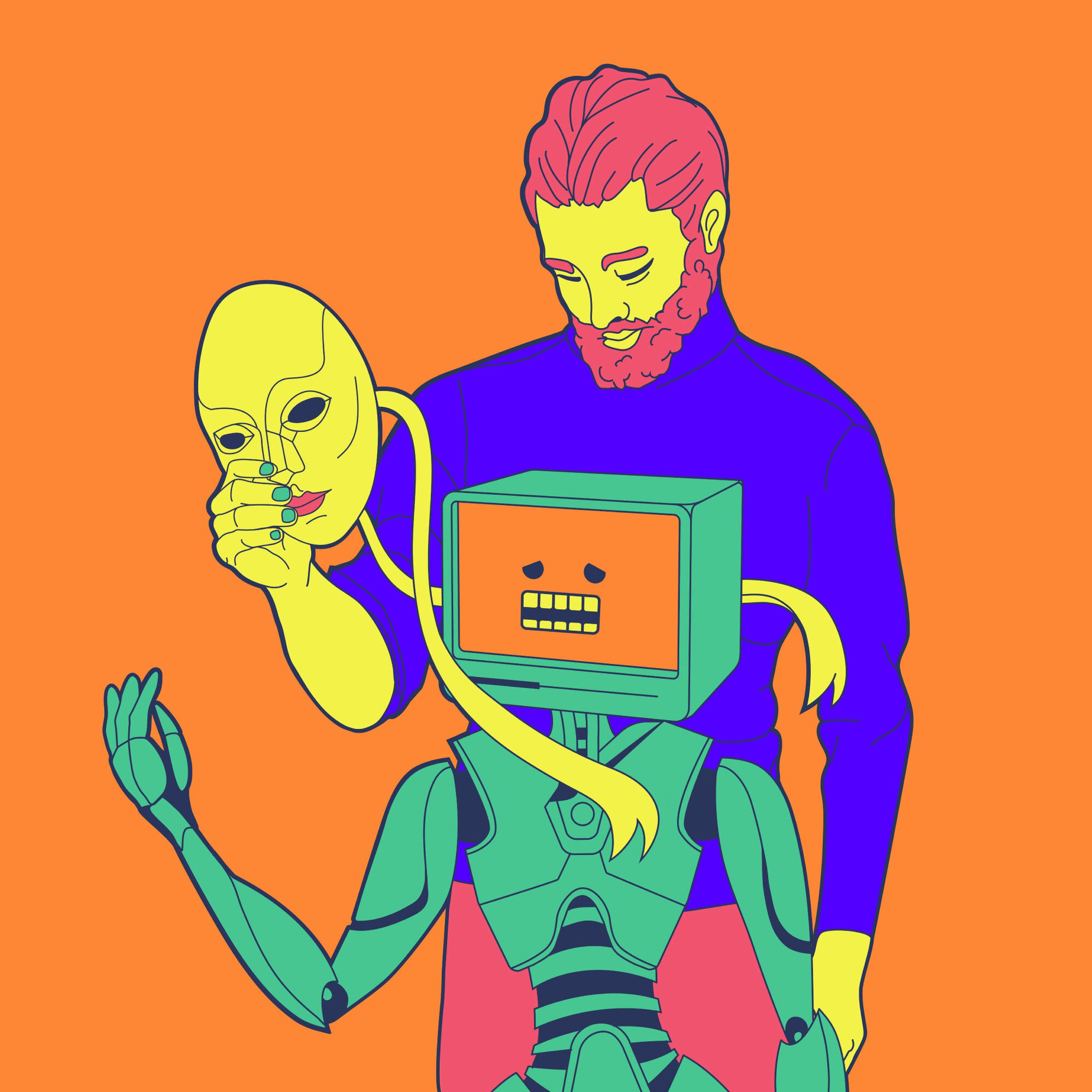 An illustration of a man pulling a theater mask off a humanoid body to reveal a computer screen.