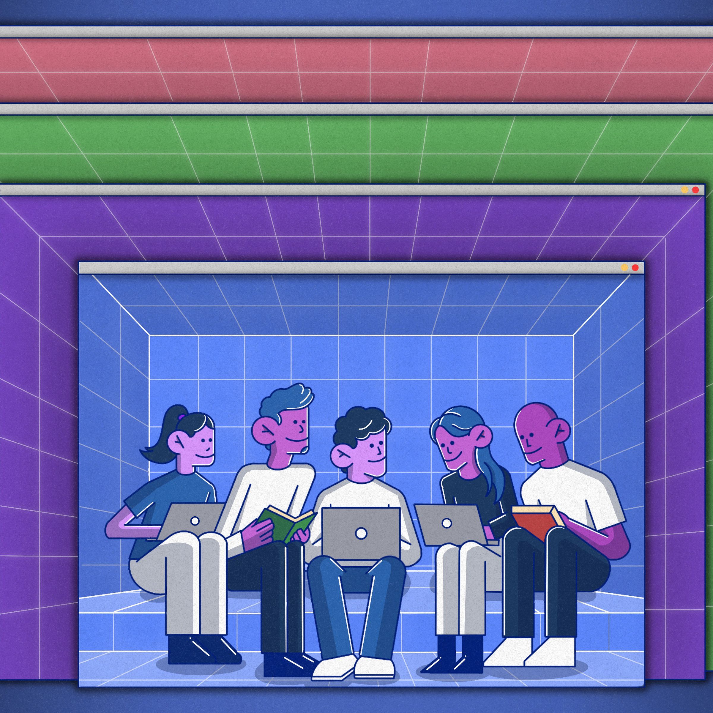 Illustration of five people sitting together on their laptops