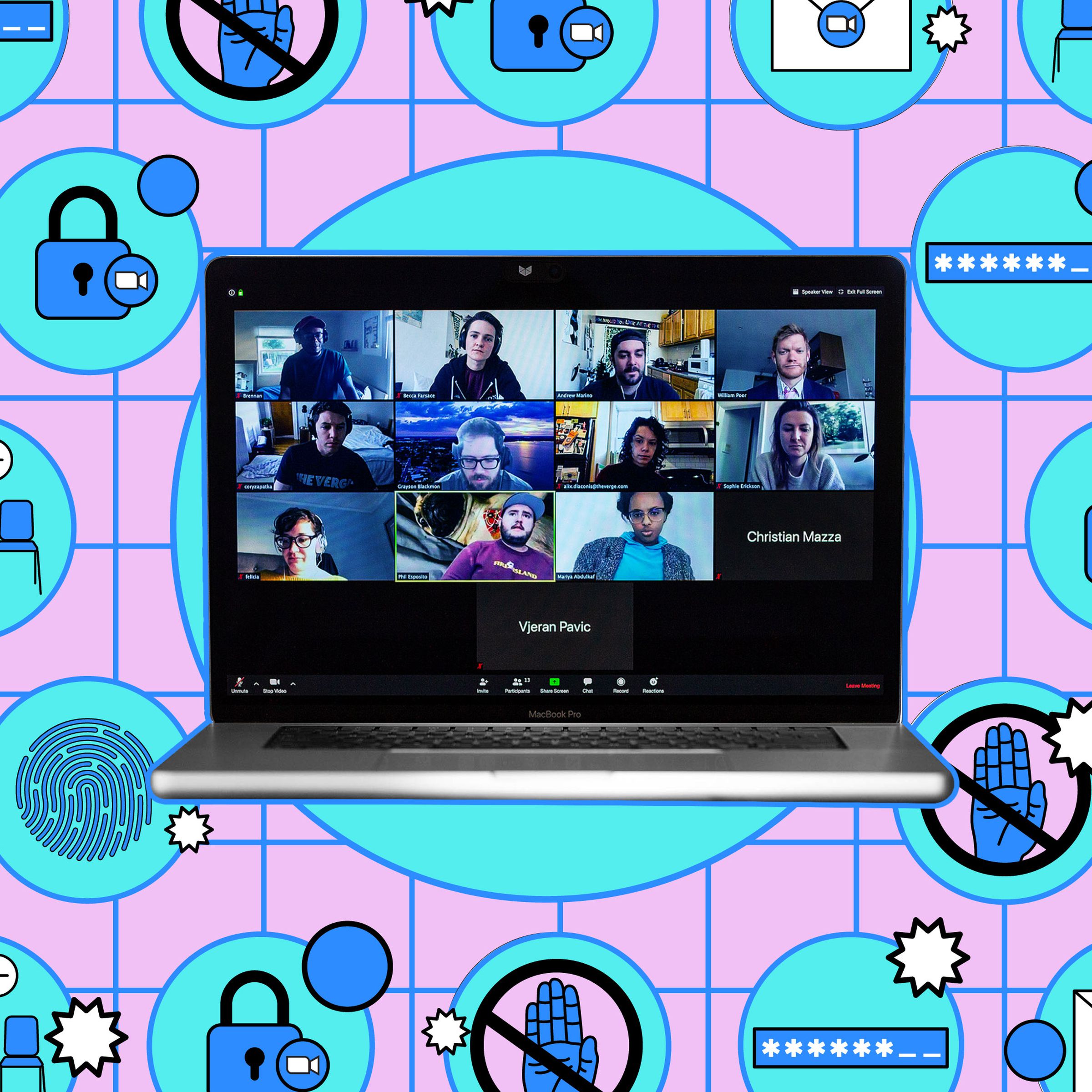 A computer showing a group of people having a video meeting; the computer is surrounded by an assortment of blue icons against a purple background.