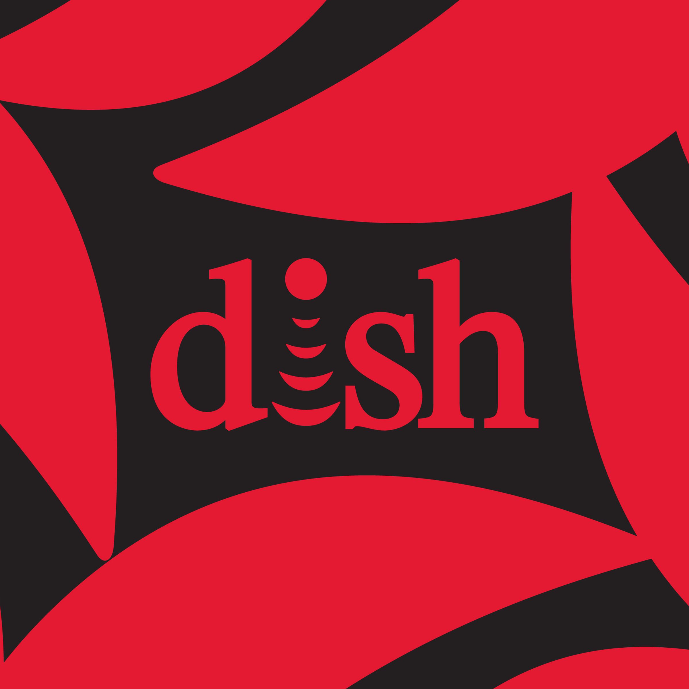 Illustration of the Dish wordmark on a black and red background.