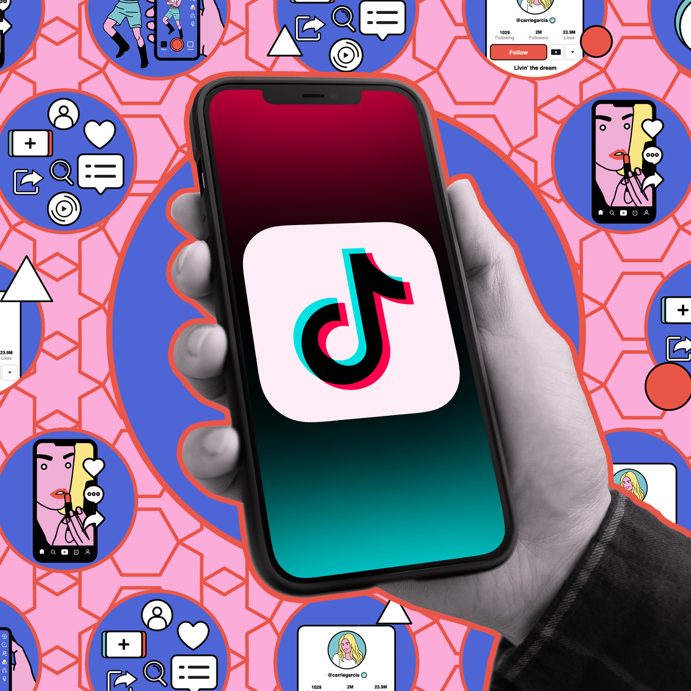 Hand holding a mobile phone with a TikTok symbol on it and a background of illustrations.