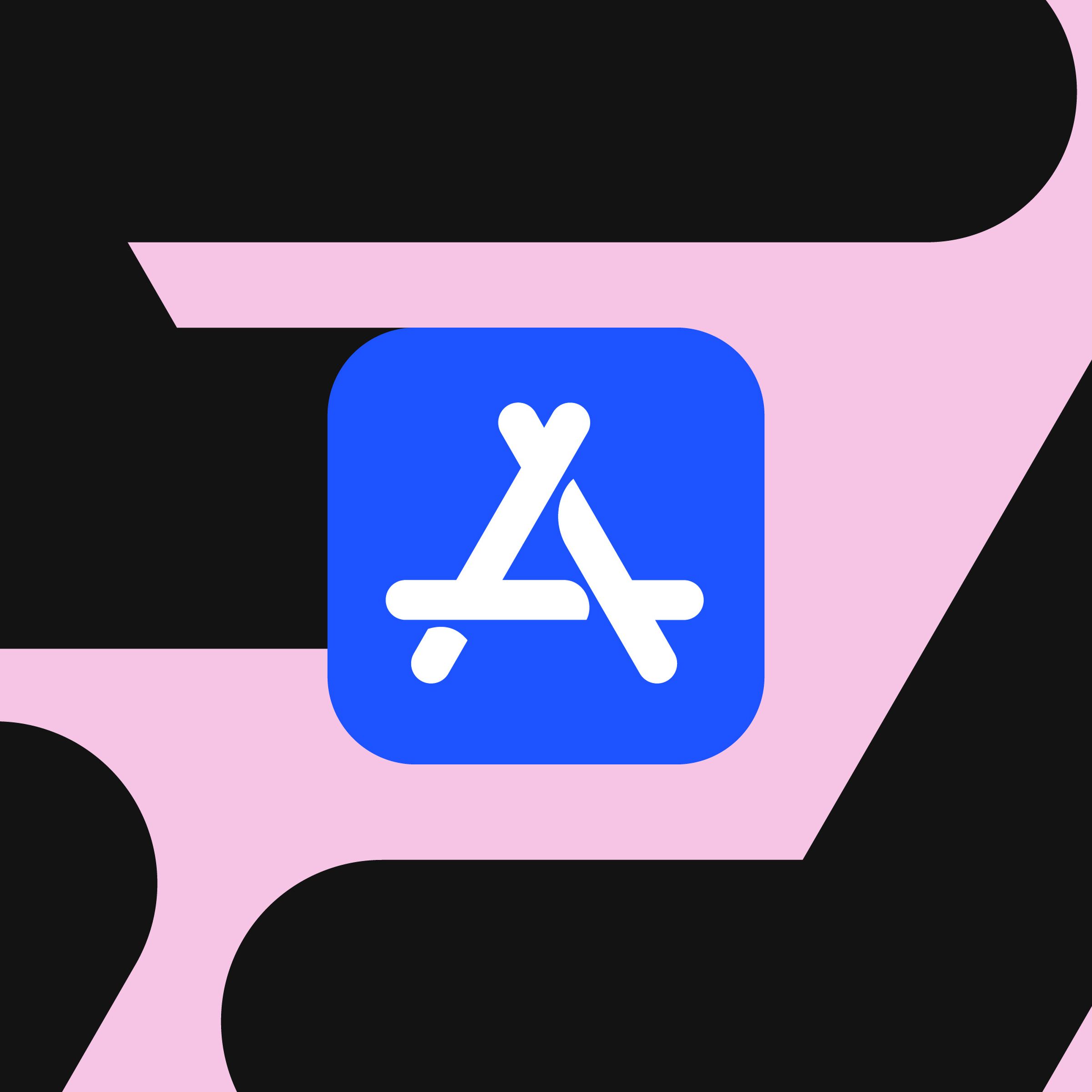 The image displays Apple’s blue App Store logo in front of a pink and black background.