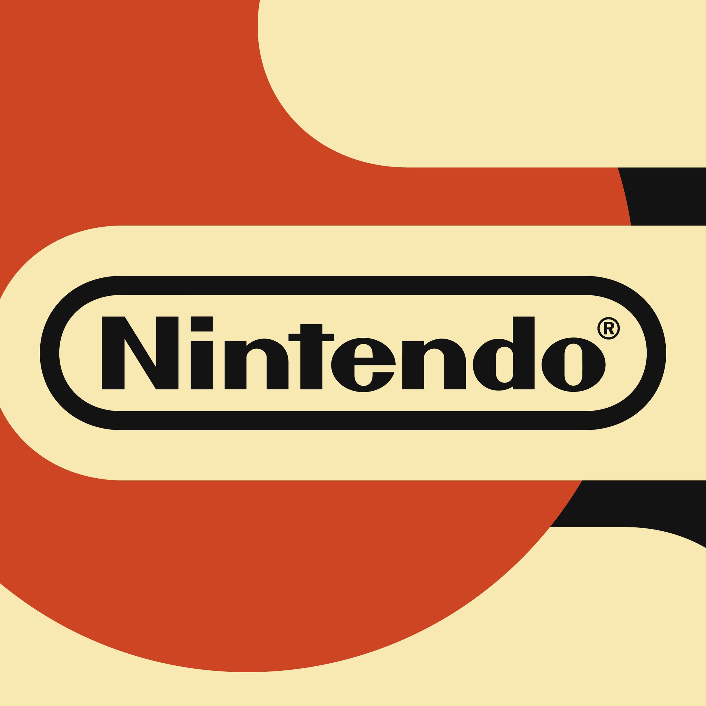 The Nintendo logo sits inside a black, red, and cream-colored design.