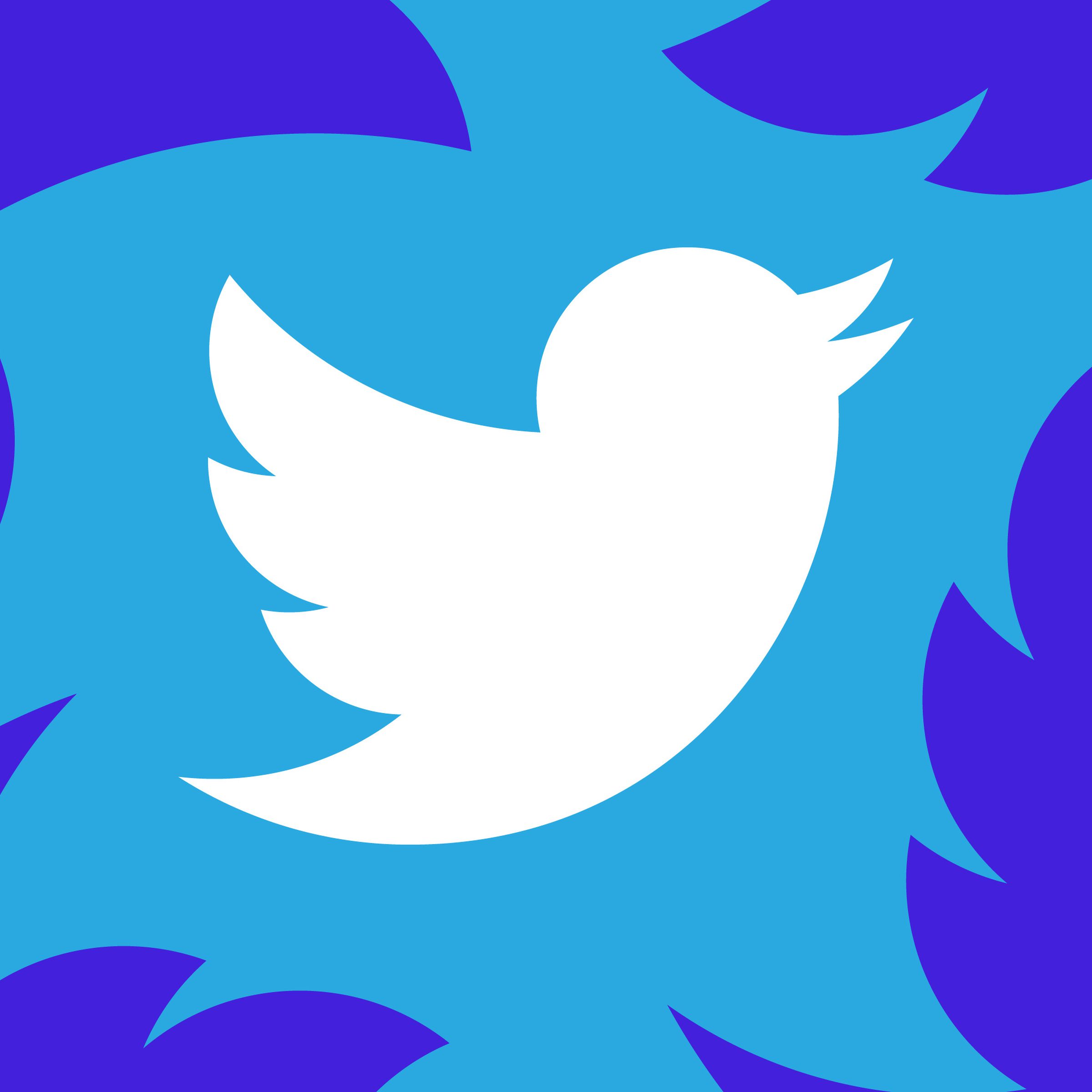 Twitter bird logo in white over a blue and purple background