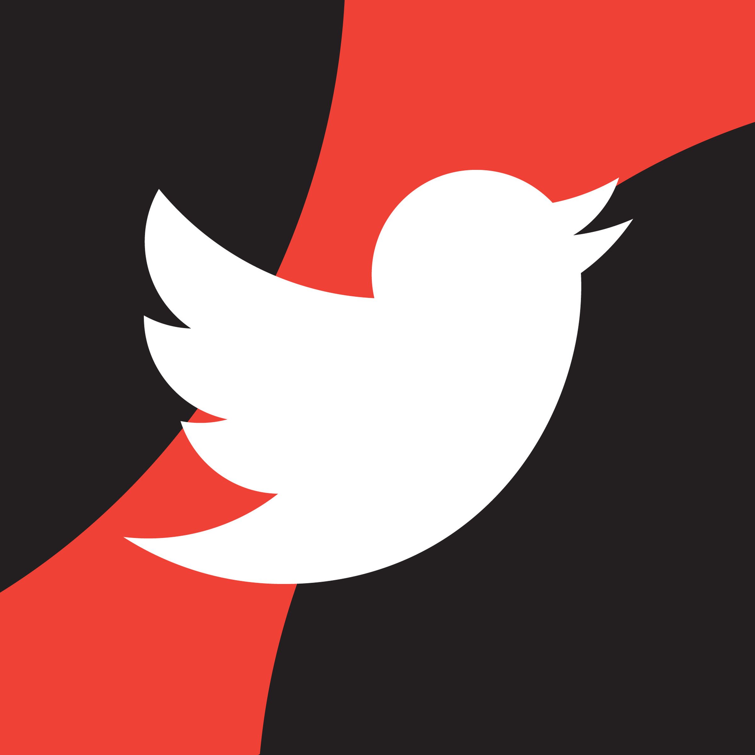 Twitter bird logo in white, over a red and black background.