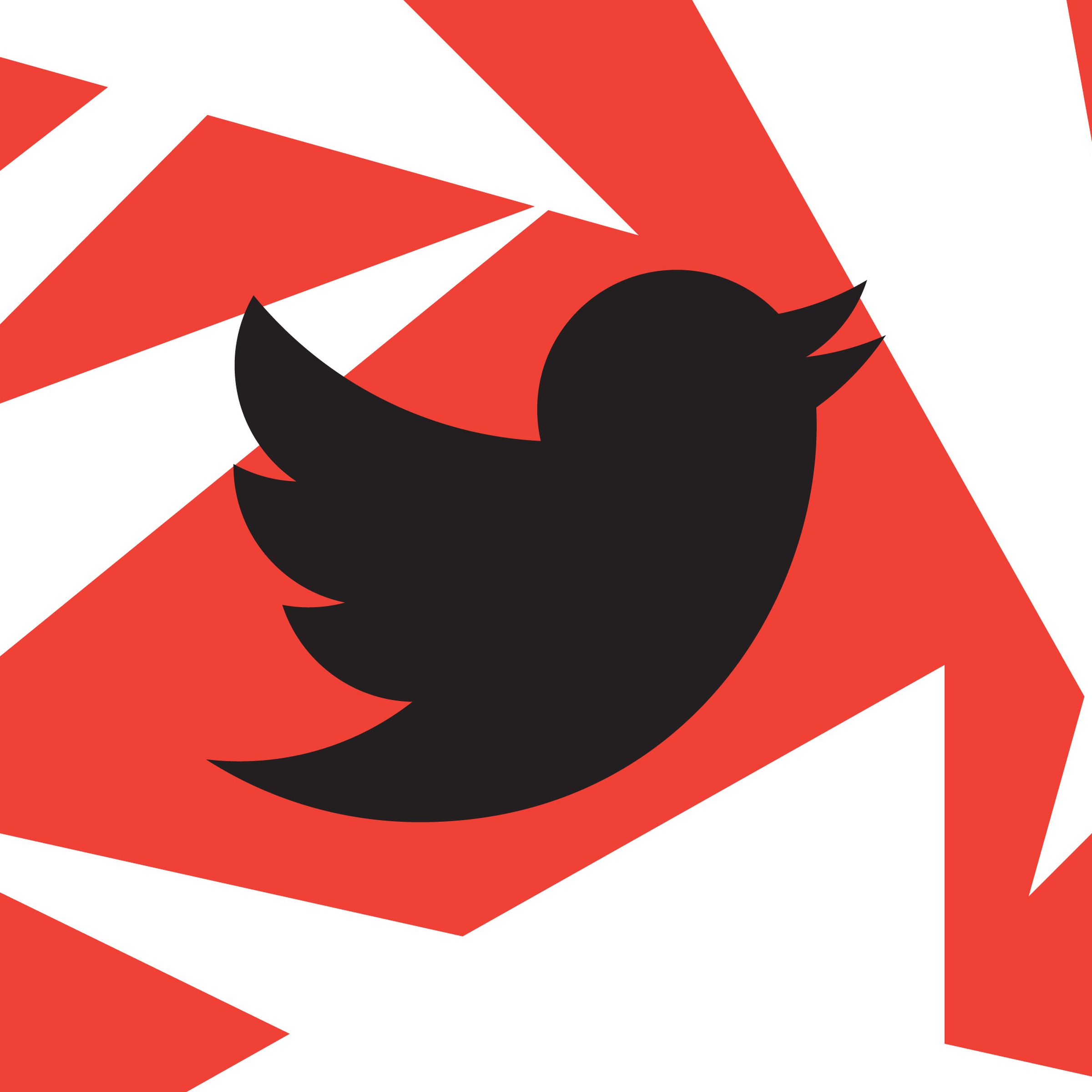 A black Twitter logo over a red and white background