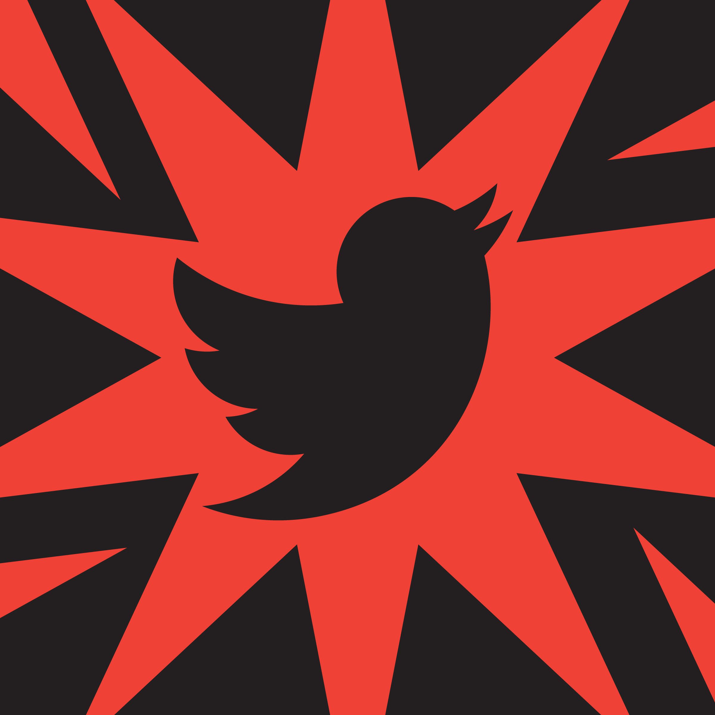 A black Twitter logo over a red illustration