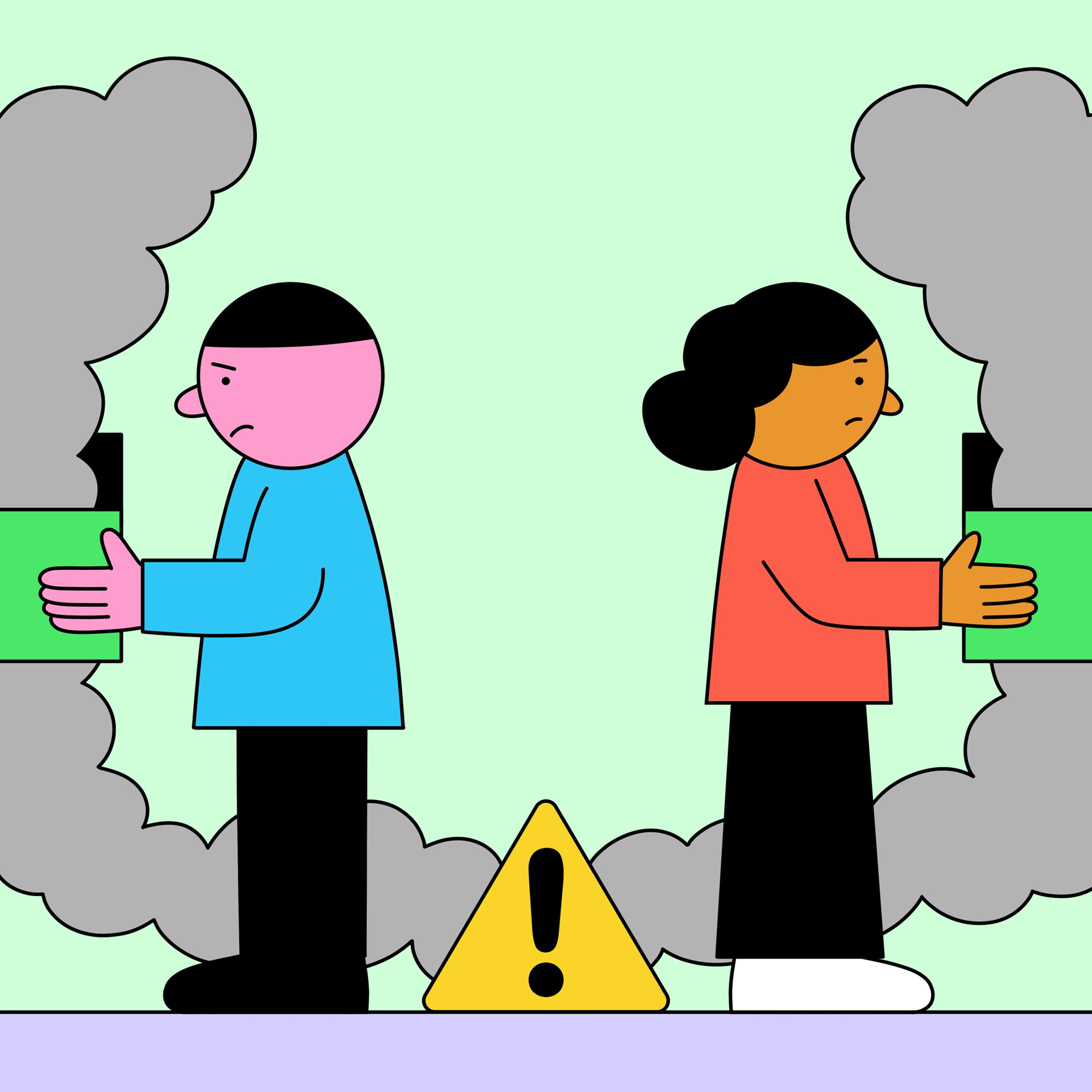 Two cartoon figures face away from each other holding matching boxes emitting smoke, which comes from a common source behind them.