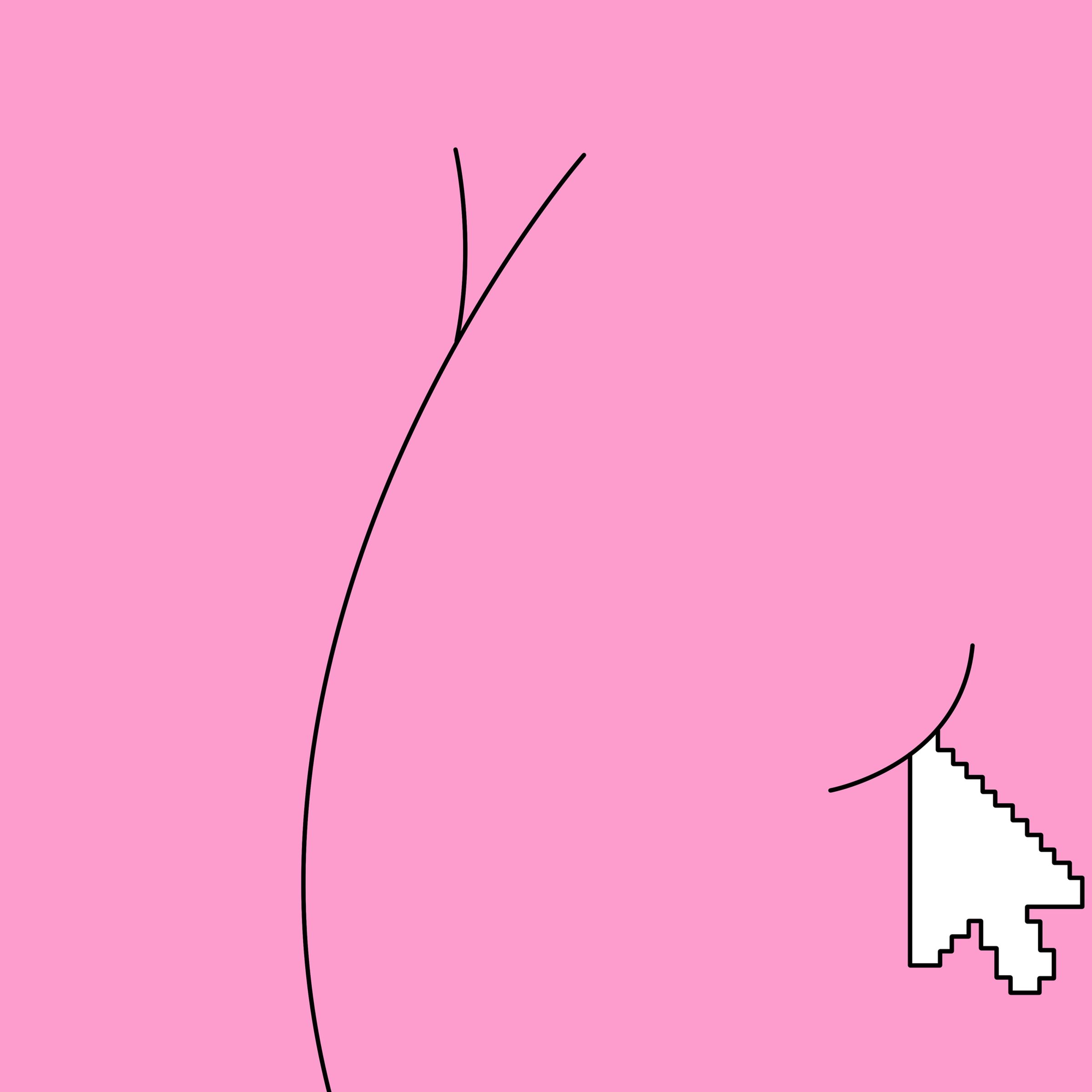 A minimal line drawing depicts an enormous pink butt, with a cursor clicking and lightly dimpling the right buttock.