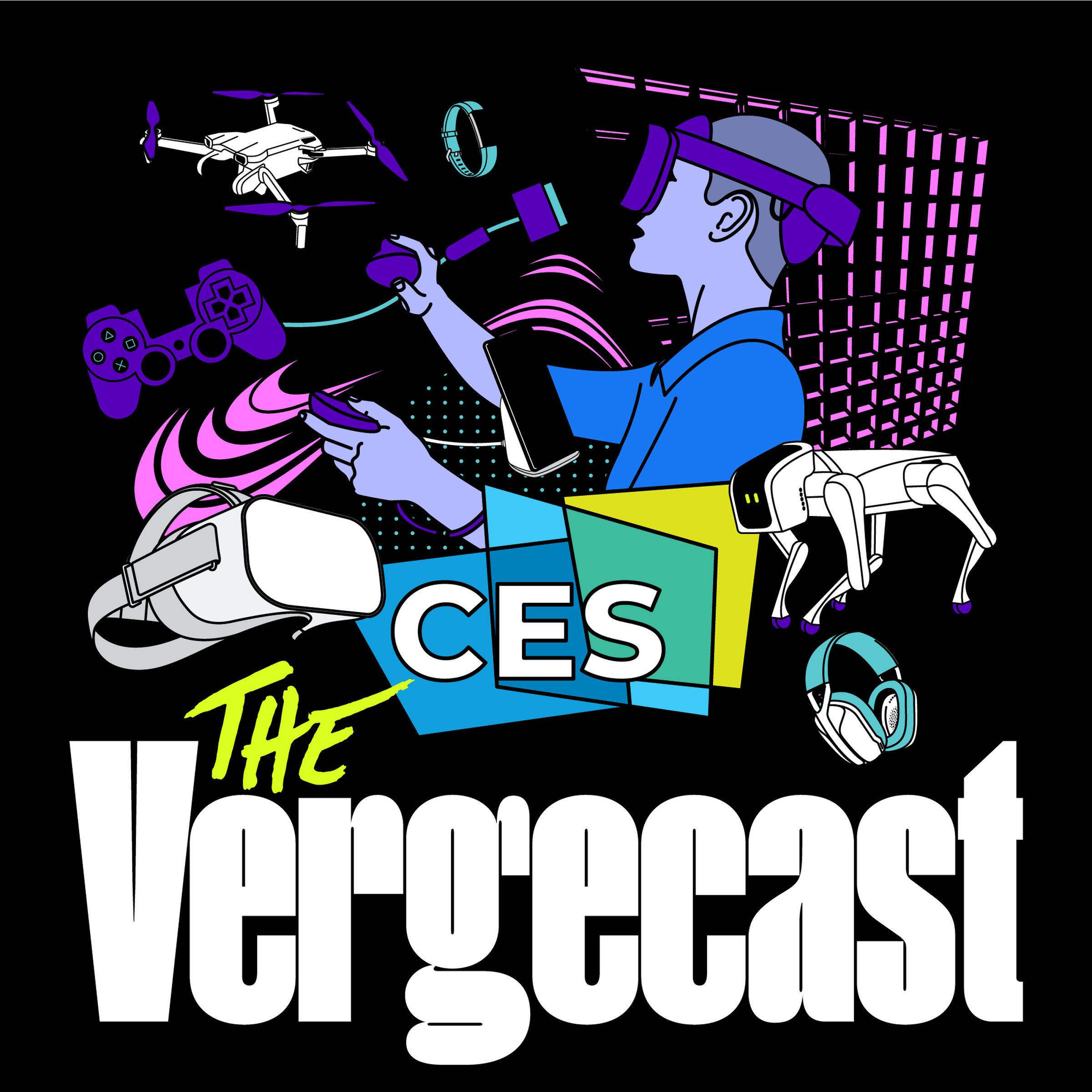 The CES and the Vergecast logos, with an artist’s rendition of a number of major products including, an Oculus Quest, drone, game controller, and robot dog.