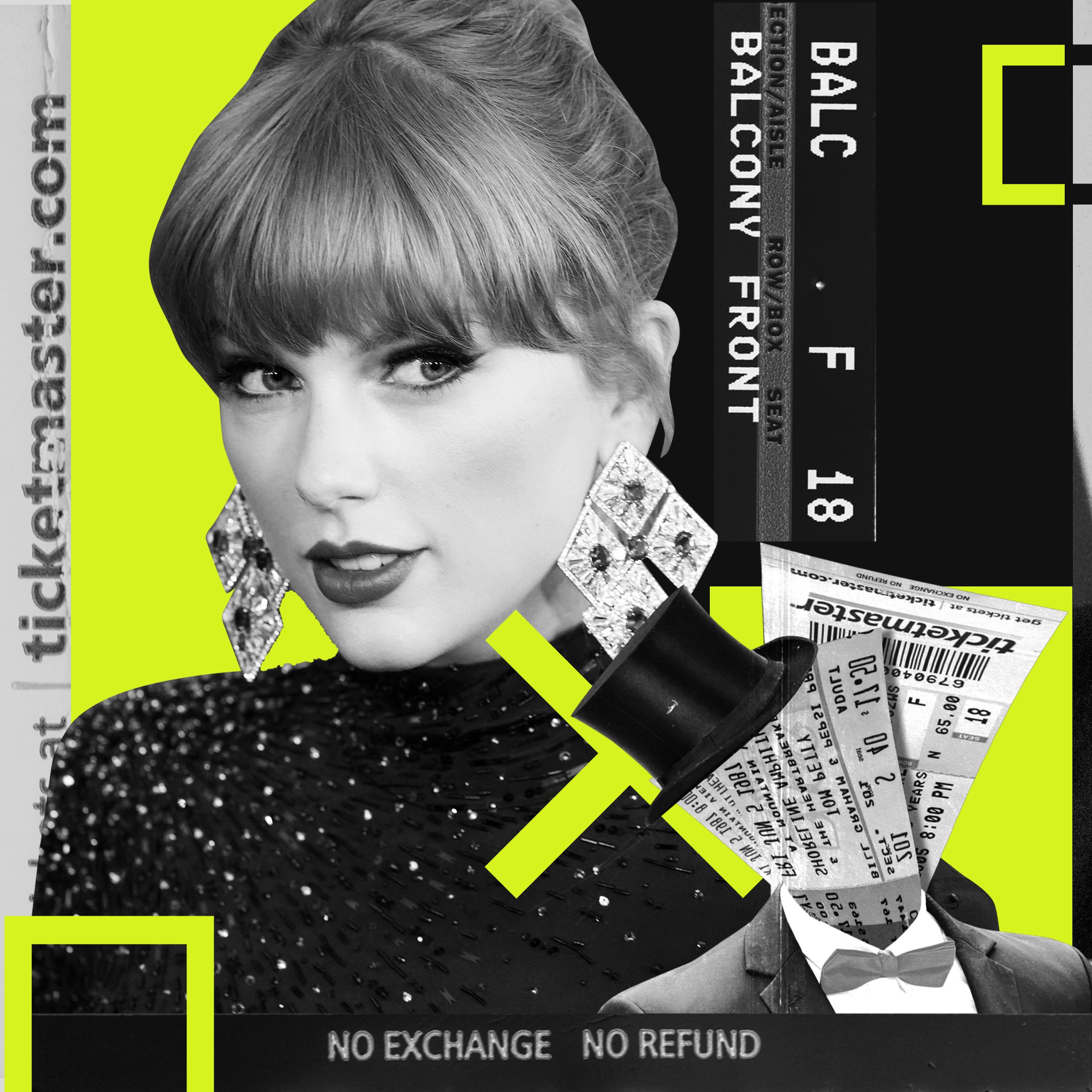 A collage of Ticketmaster logo, Taylor Swift, and Ronald Reagan.
