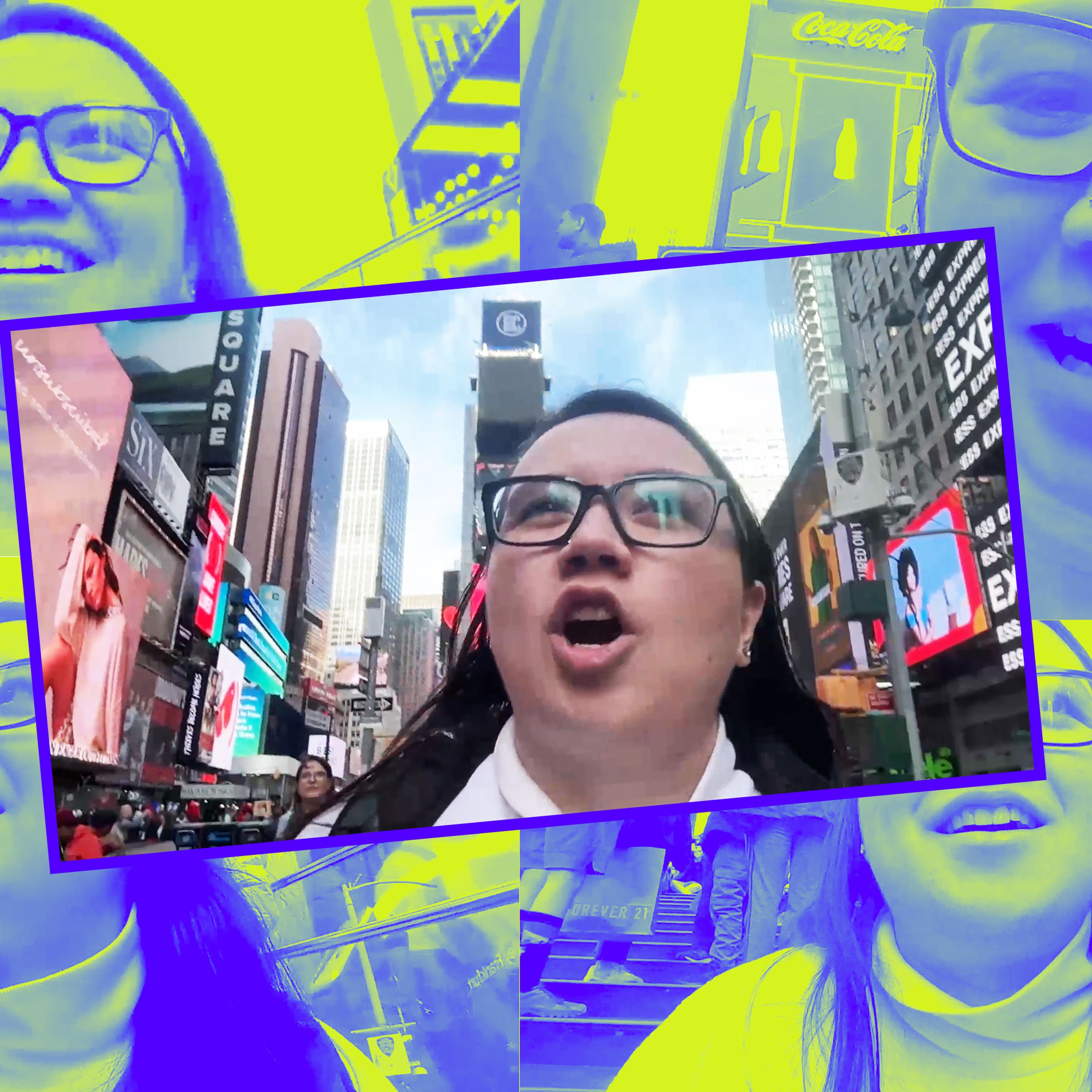 Compilation of screenshots of video calls from Times Square