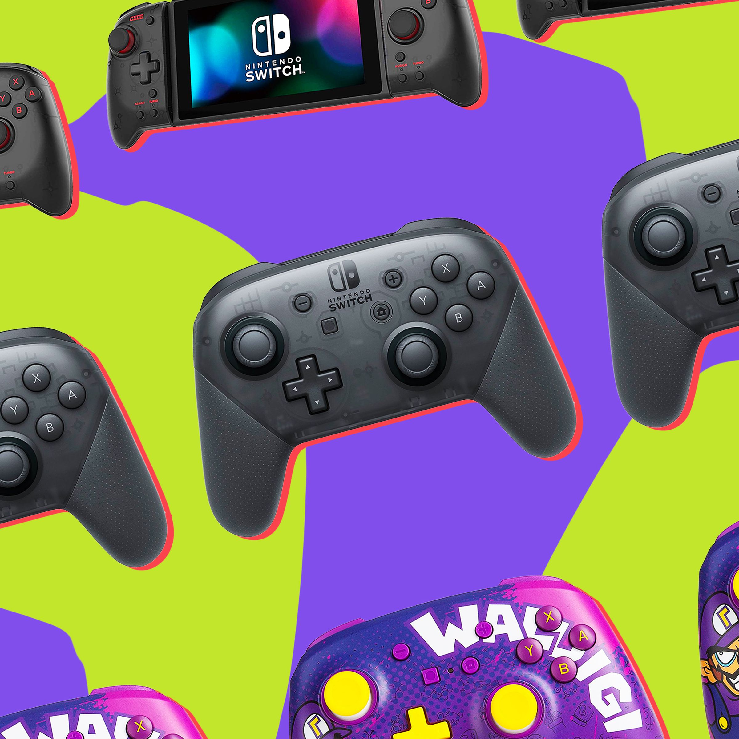 An illustration of a Nintendo Switch and various controllers against a purple and lime-green background.