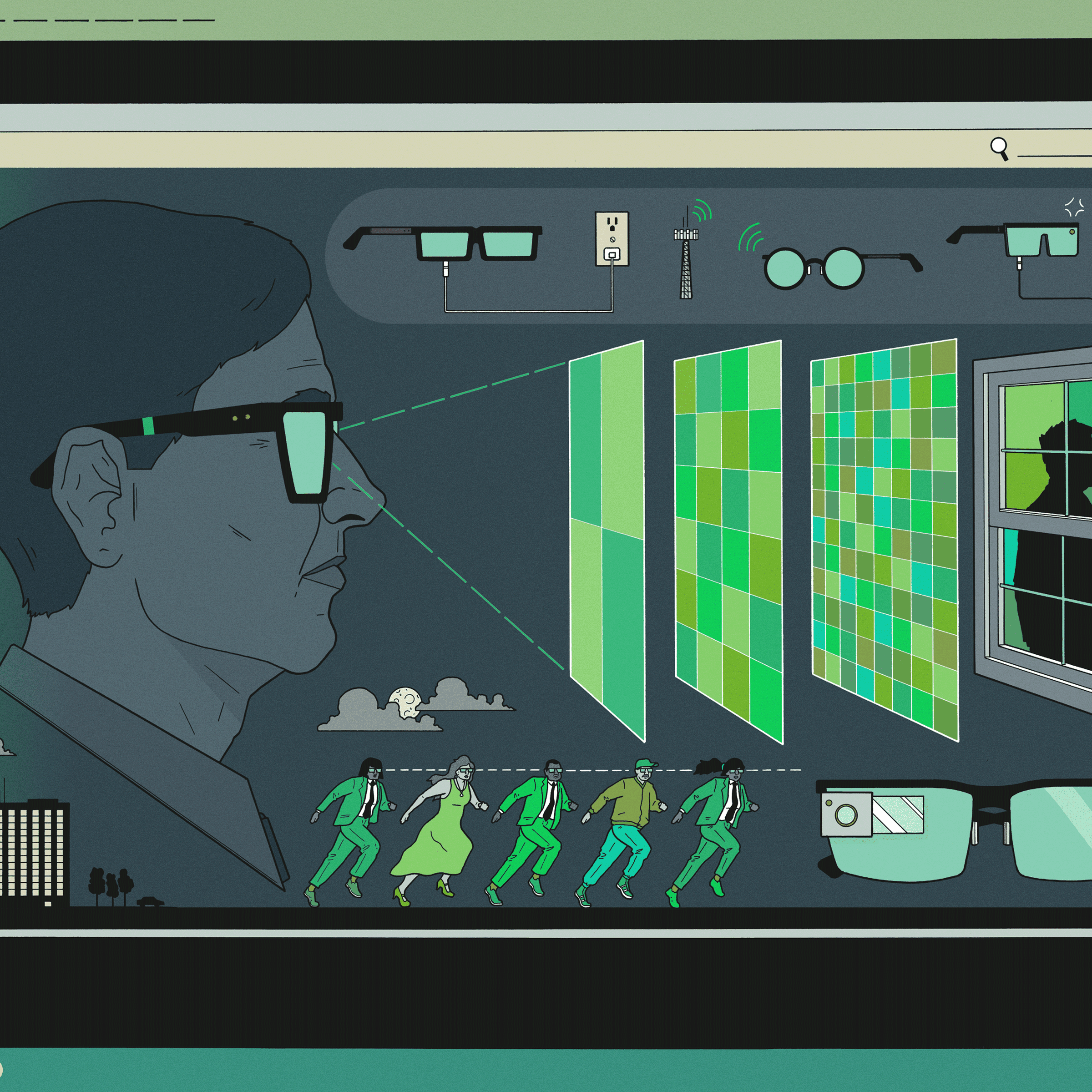 Graphic of spy wearing smart glasses that depicts various spy-like activities.