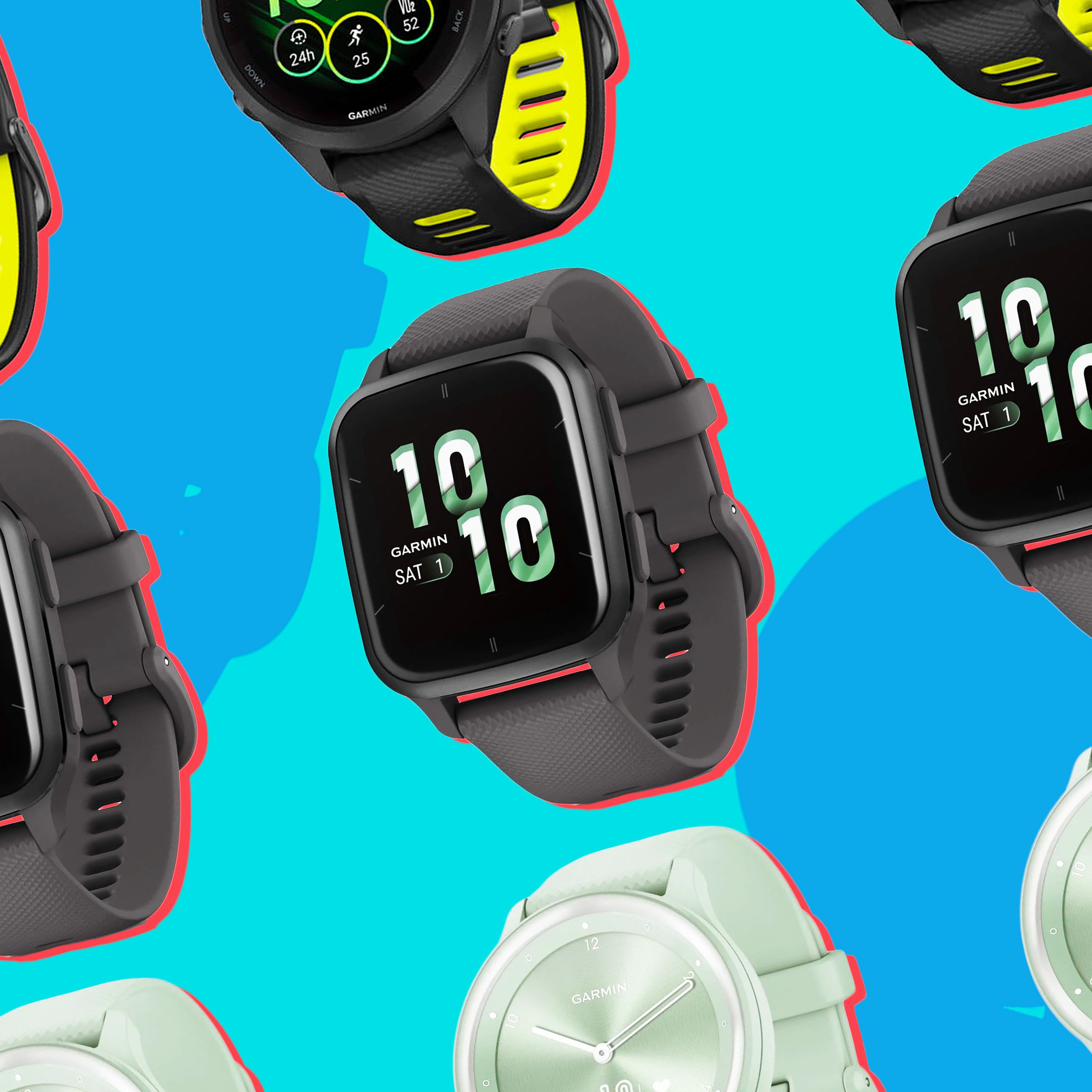 Several Garmin watches on a colorful background