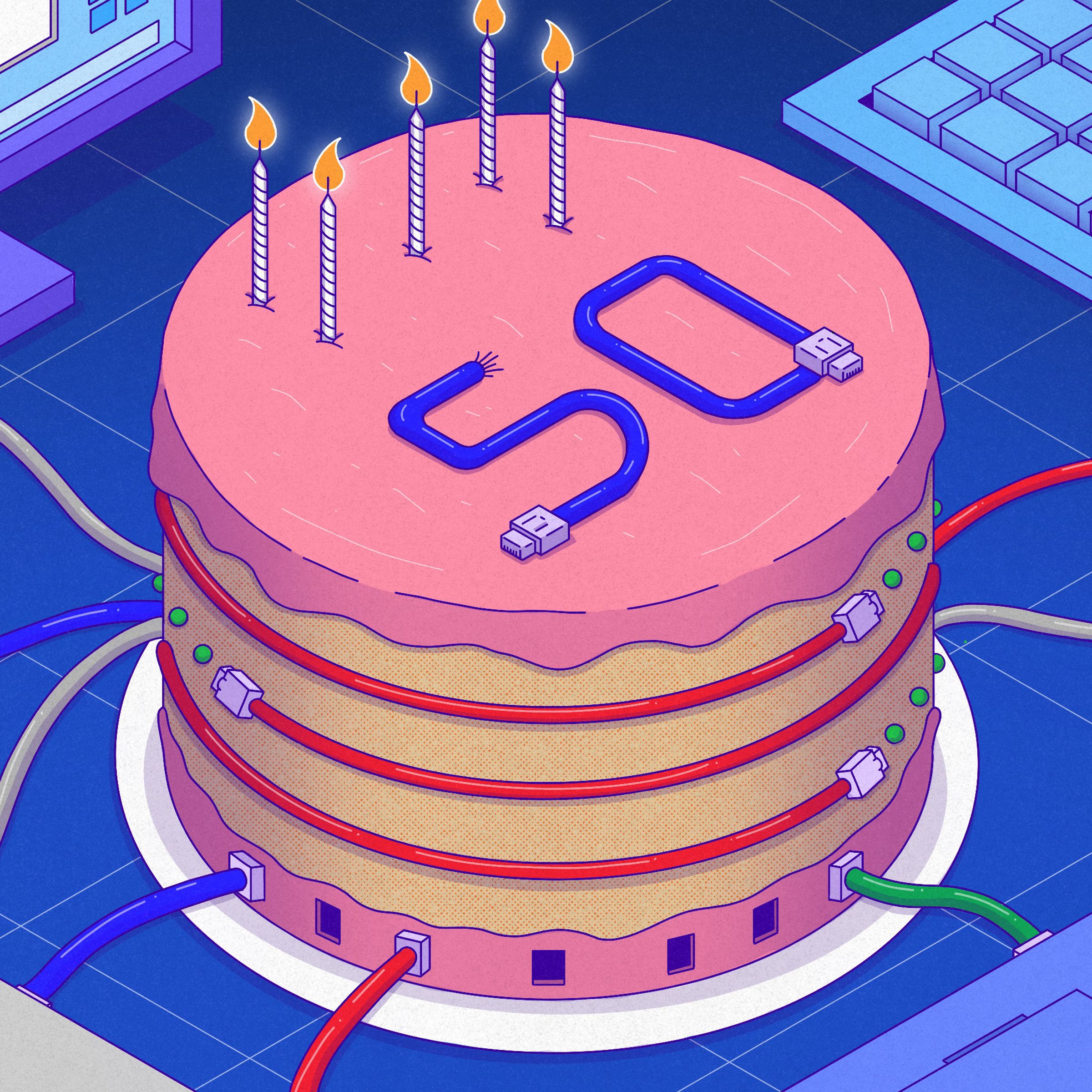 An illustrated birthday cake with the number fifty spelled out with ethernet cables, surrounded by a keyboard, WiFi router, computer monitor, and other ethernet cables.