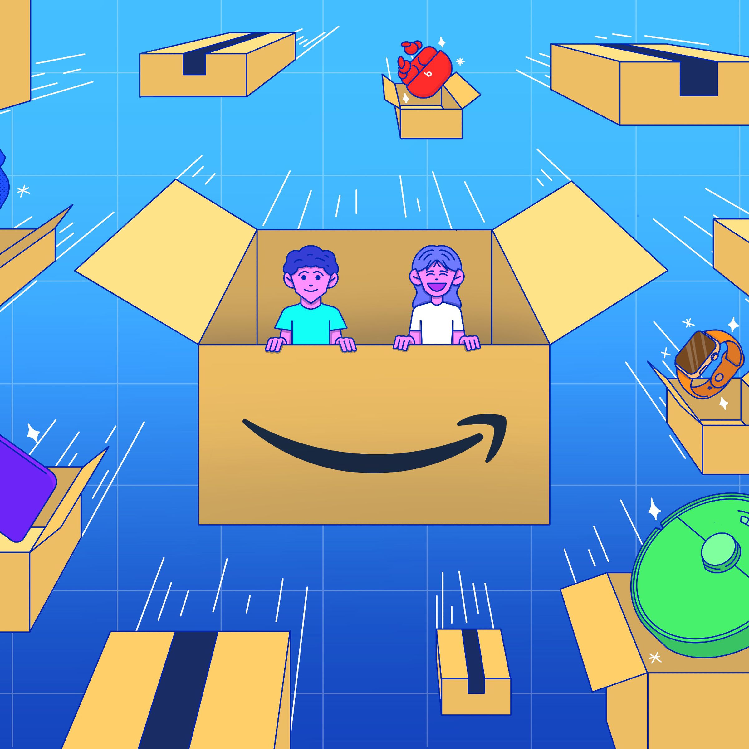 An illustration of two people flying in a giant Amazon package, surrounded by a fleet of similar boxes carrying stylized tech gadgets.