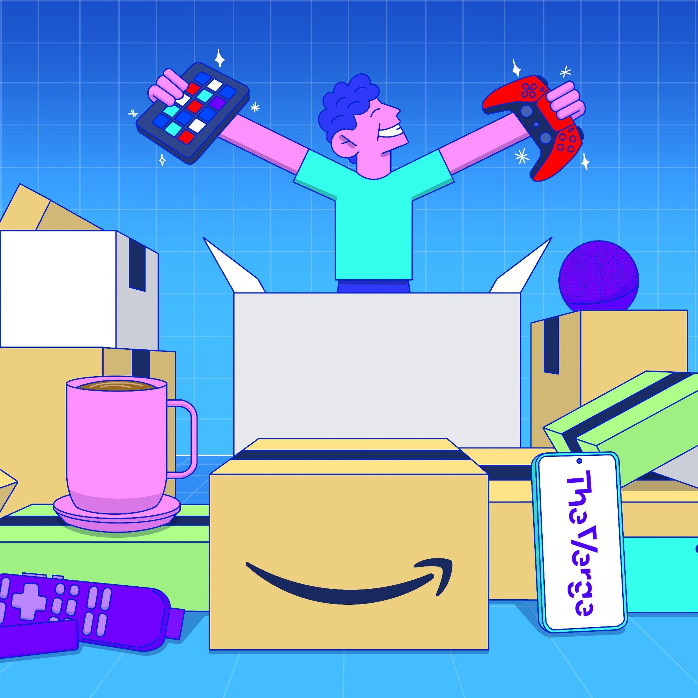 An illustration of someone holding a PlayStation 5 controller and a Stream Deck surrounded by Amazon boxes.