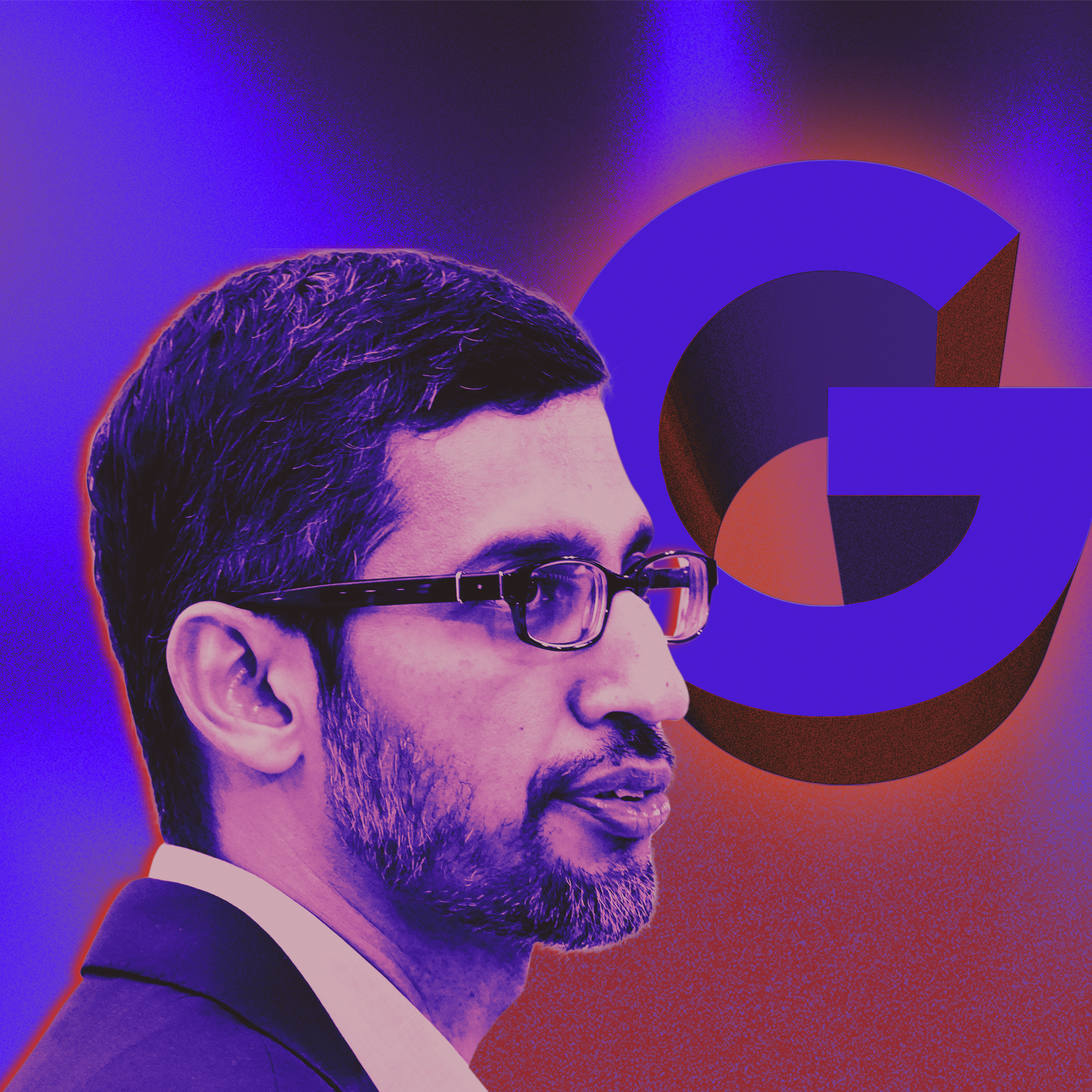 Photo illustration of Sundar Pichai in front of the Google logo