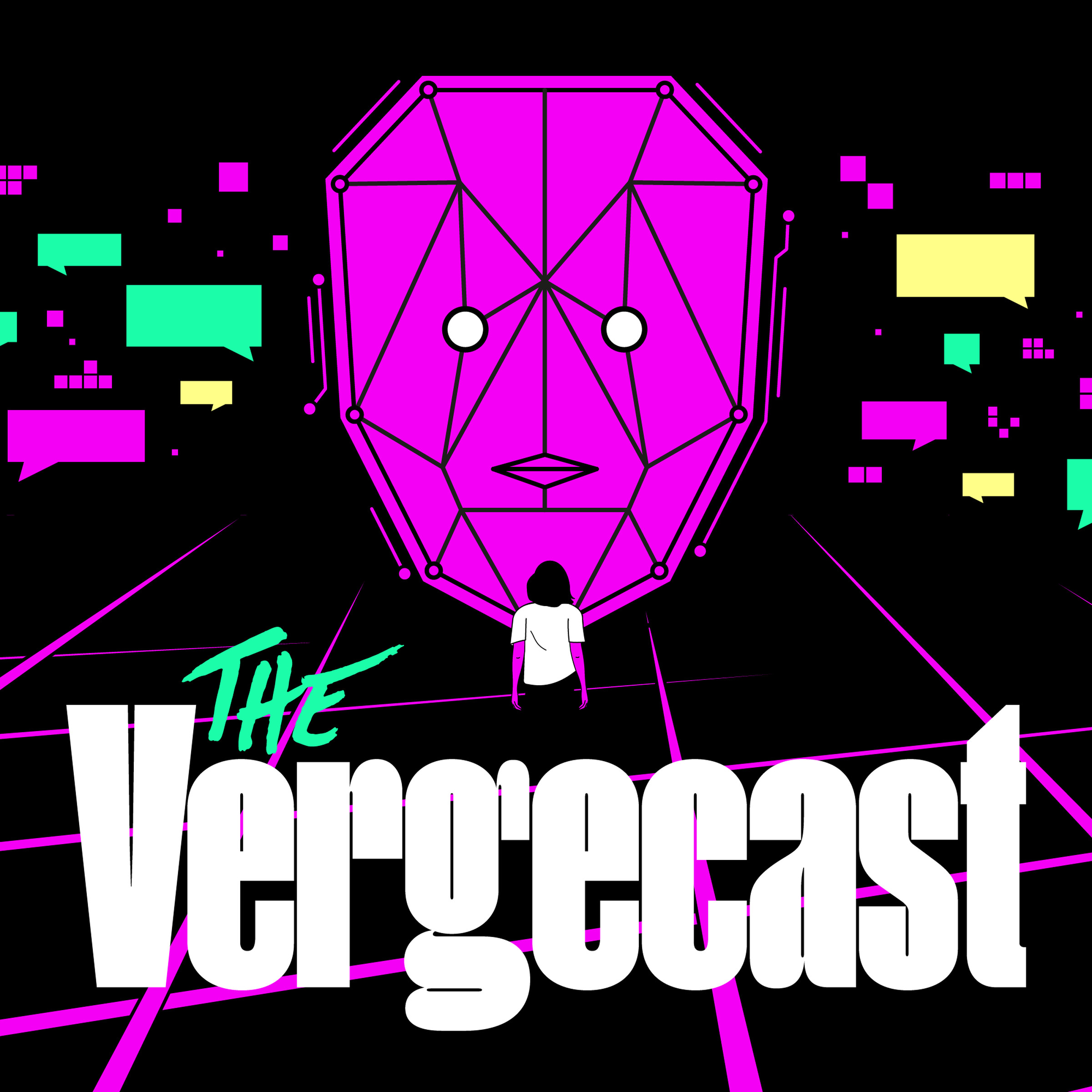 Illustration of the Vergecast logo with an AI face