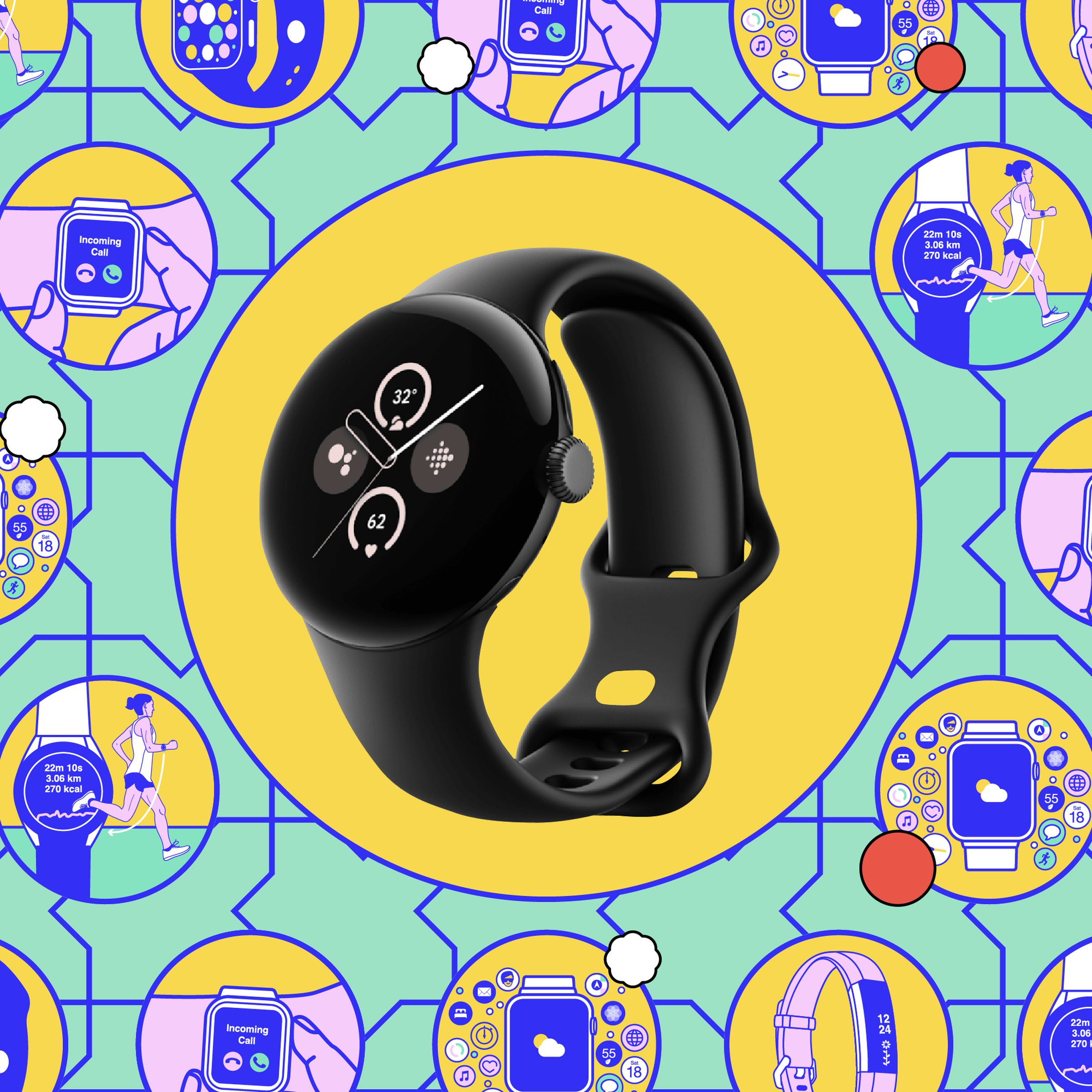 Pixel Watch 2 on an illustrated vector background.