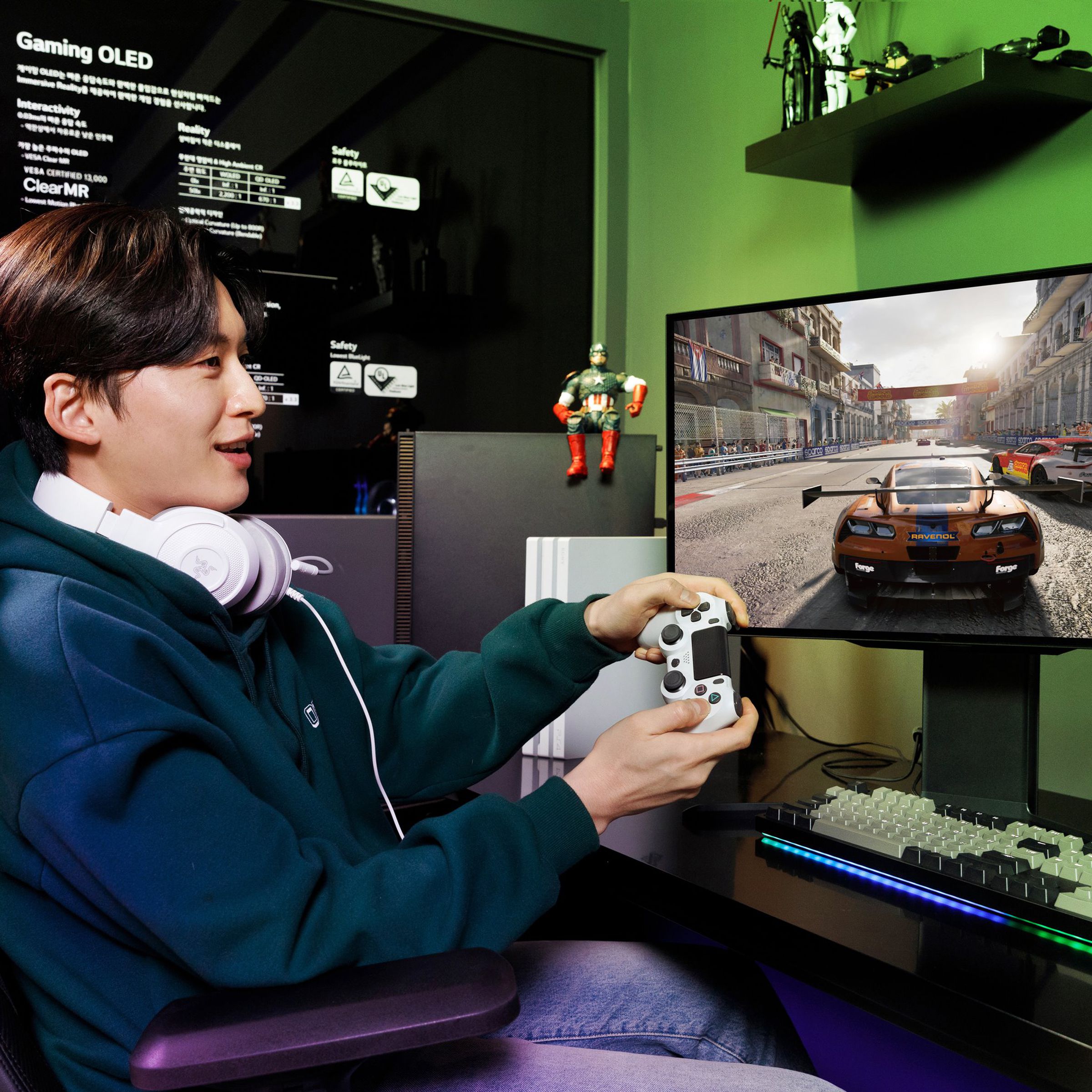 A person playing a video game on a display with LG’s 480Hz OLED panel