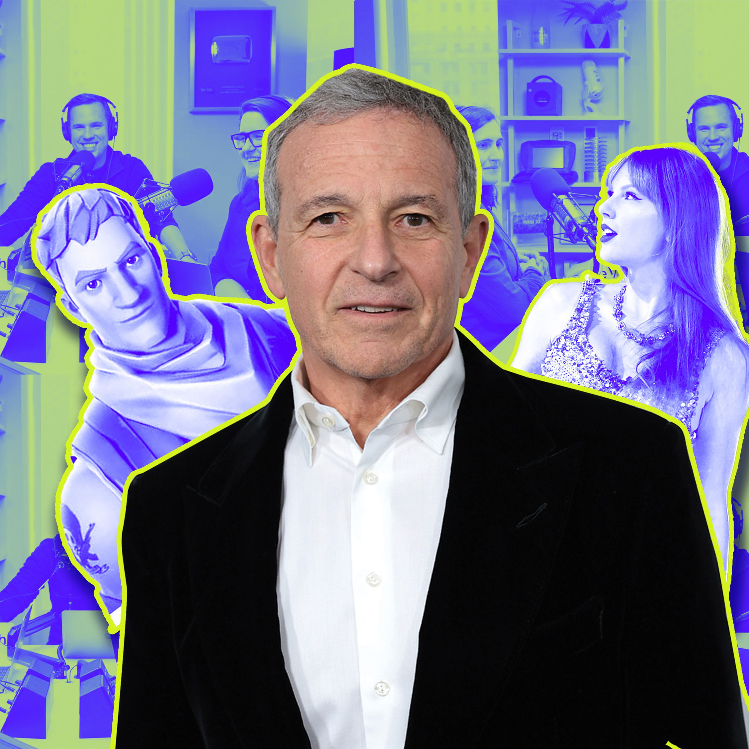 An image of Bob Iger on top of a screenshot from The Vergecast.