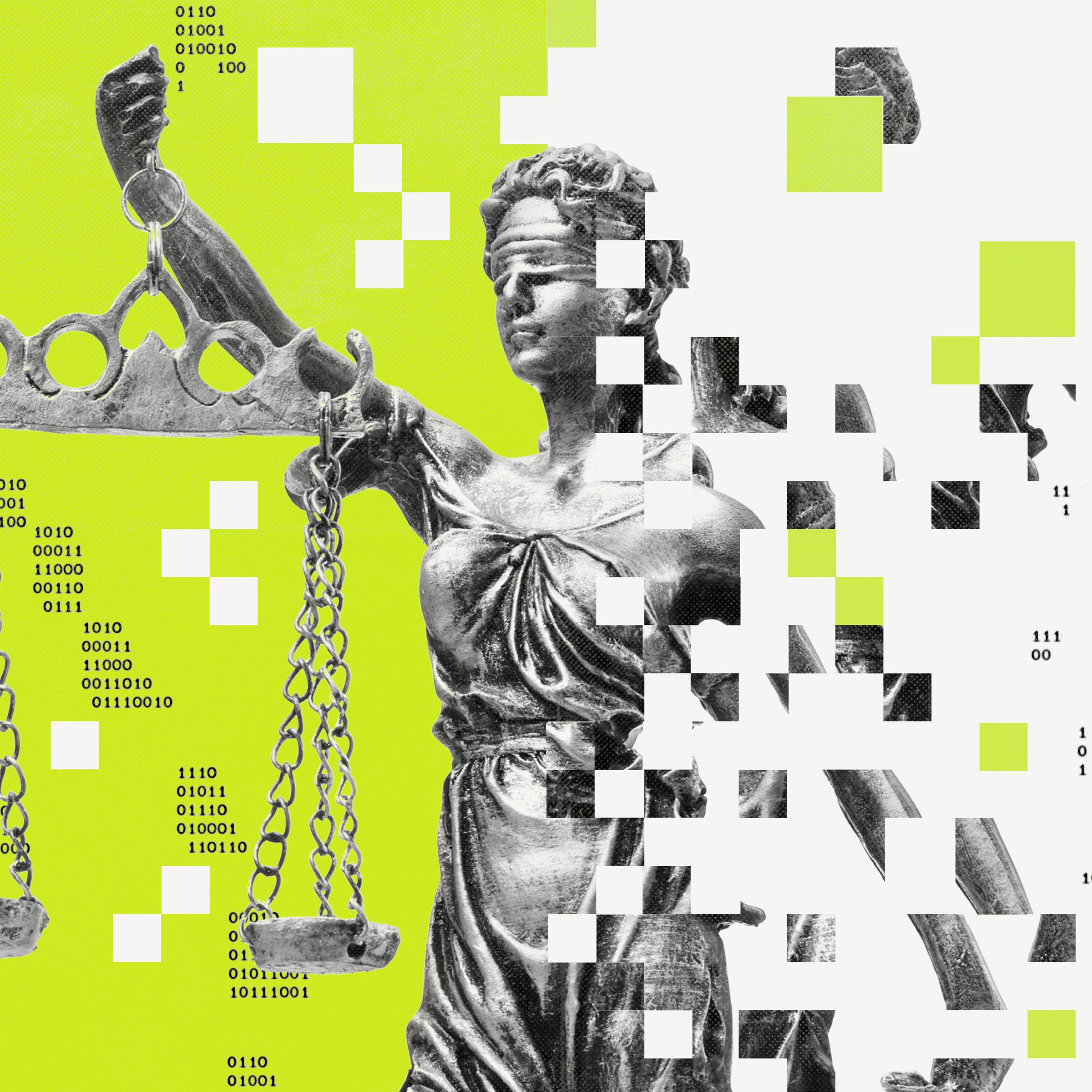 Photo illustration of a statue of Lady Justice with pixelation and binary code texture