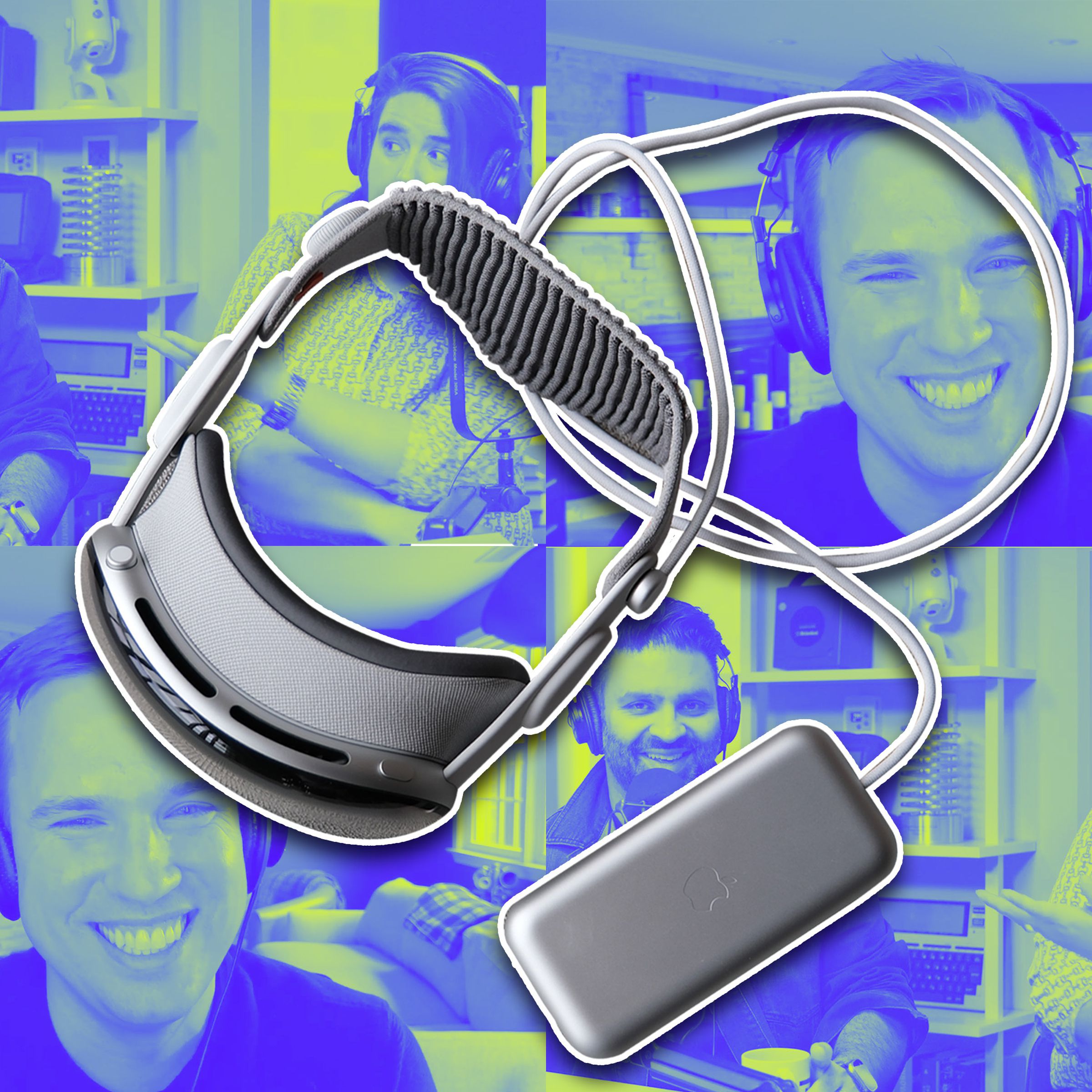 An illustration of The Vergecast team, with a Vision Pro over top.