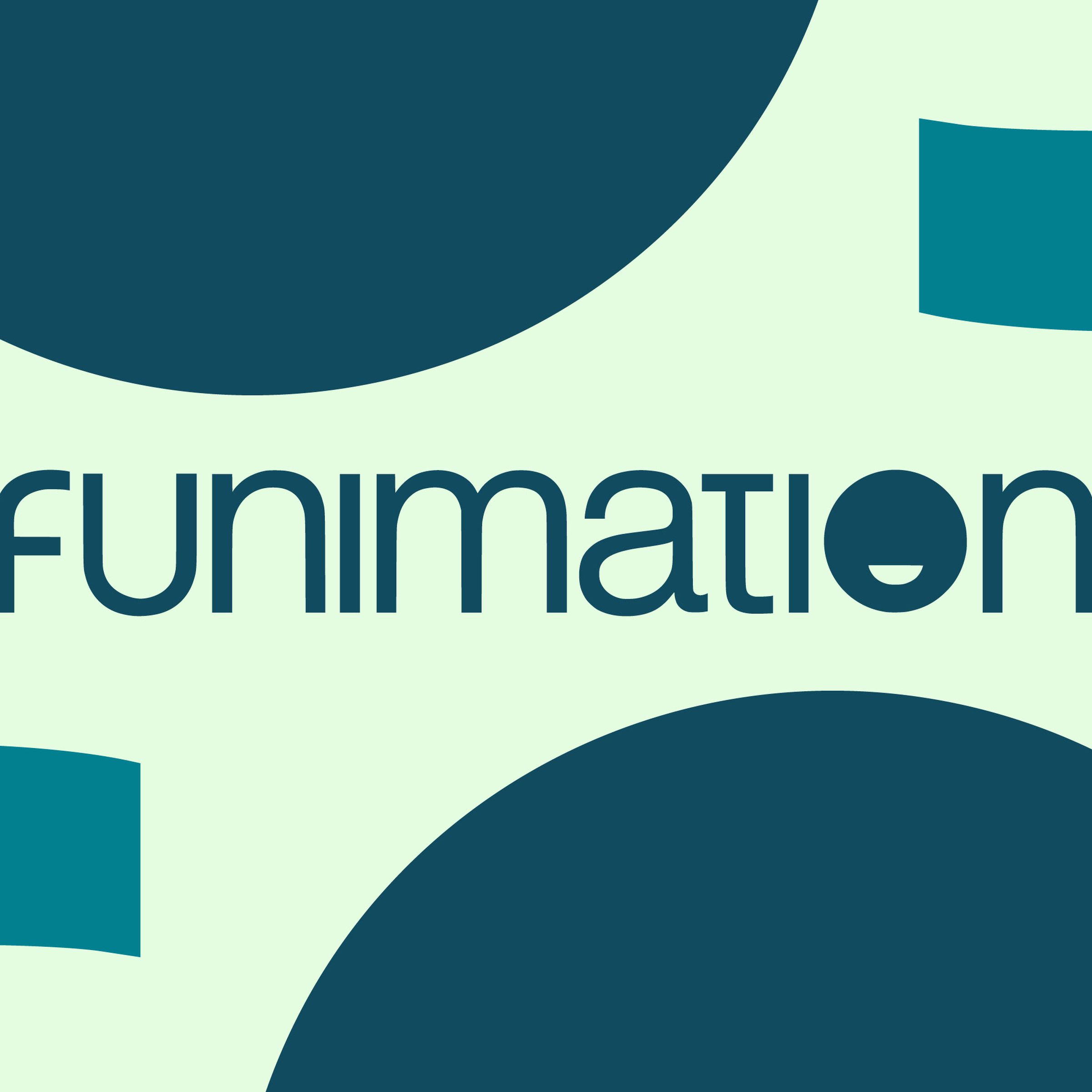 Graphic of the Funimation logo in green on a light green background surrounded by large green circles and shapes