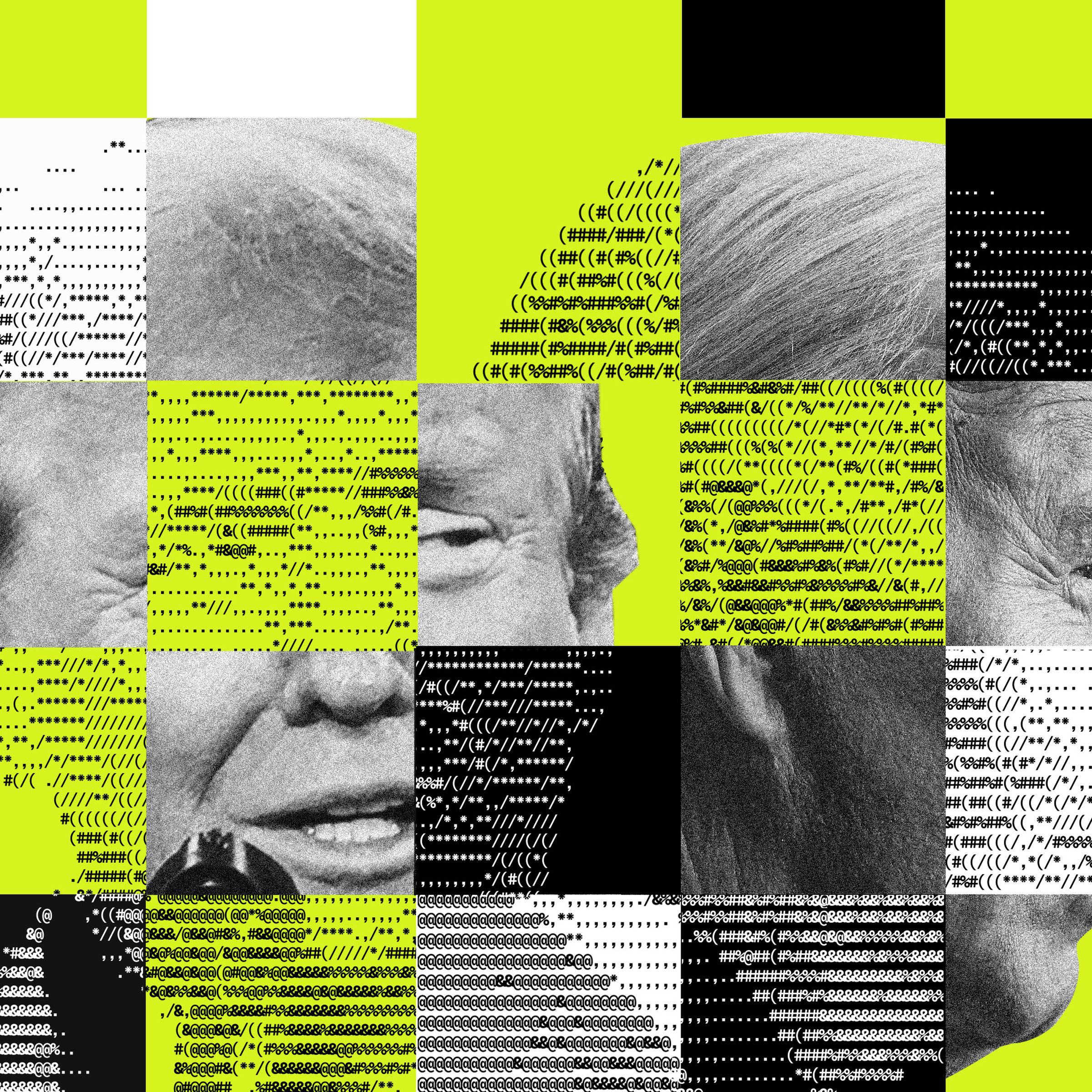 Black and yellow collage of Joe Biden and Donald Trump